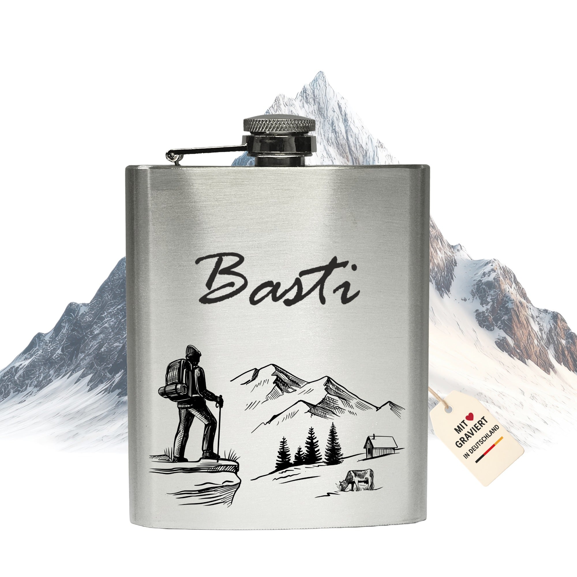 Flachmann personalisiert mit Gravur in Deutschland, Edelstahl mit Bergdesign, individuelles Geschenk für Wanderer und Naturfans