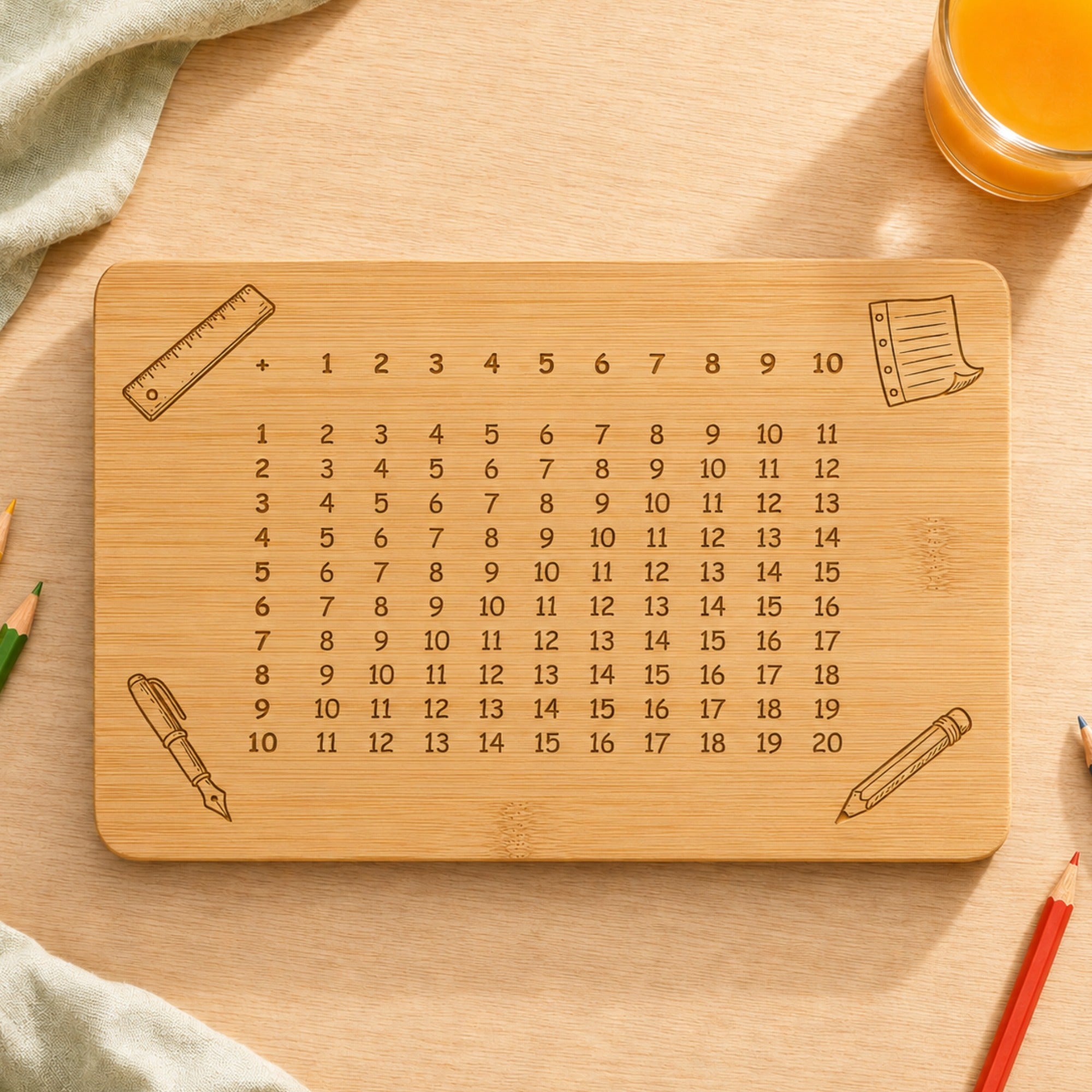 Bambus Frühstücksbrettchen mit gravierter Plus-Tabelle 1 bis 10 für Grundschulkinder