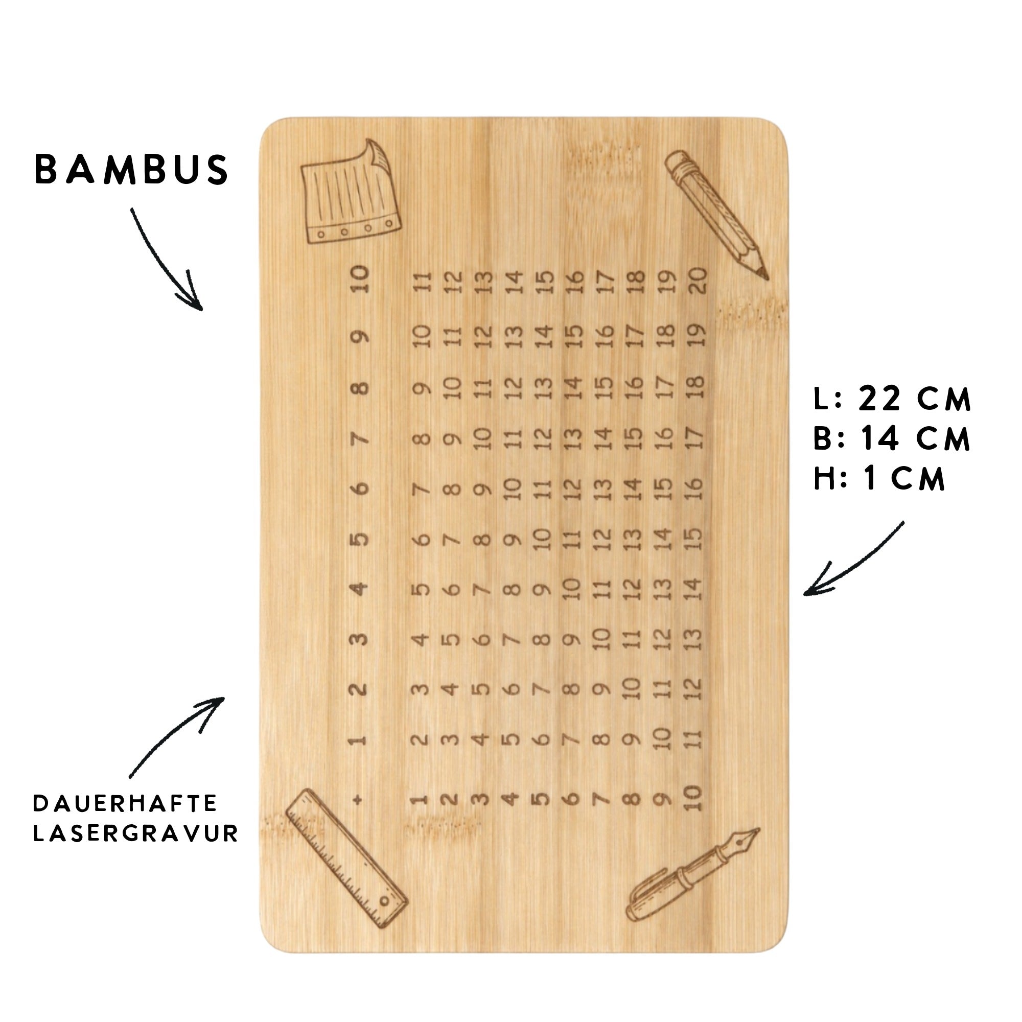 Nachhaltiges Lernbrettchen aus Bambus mit dauerhafter Lasergravur und Maßen 22 x 14 cm