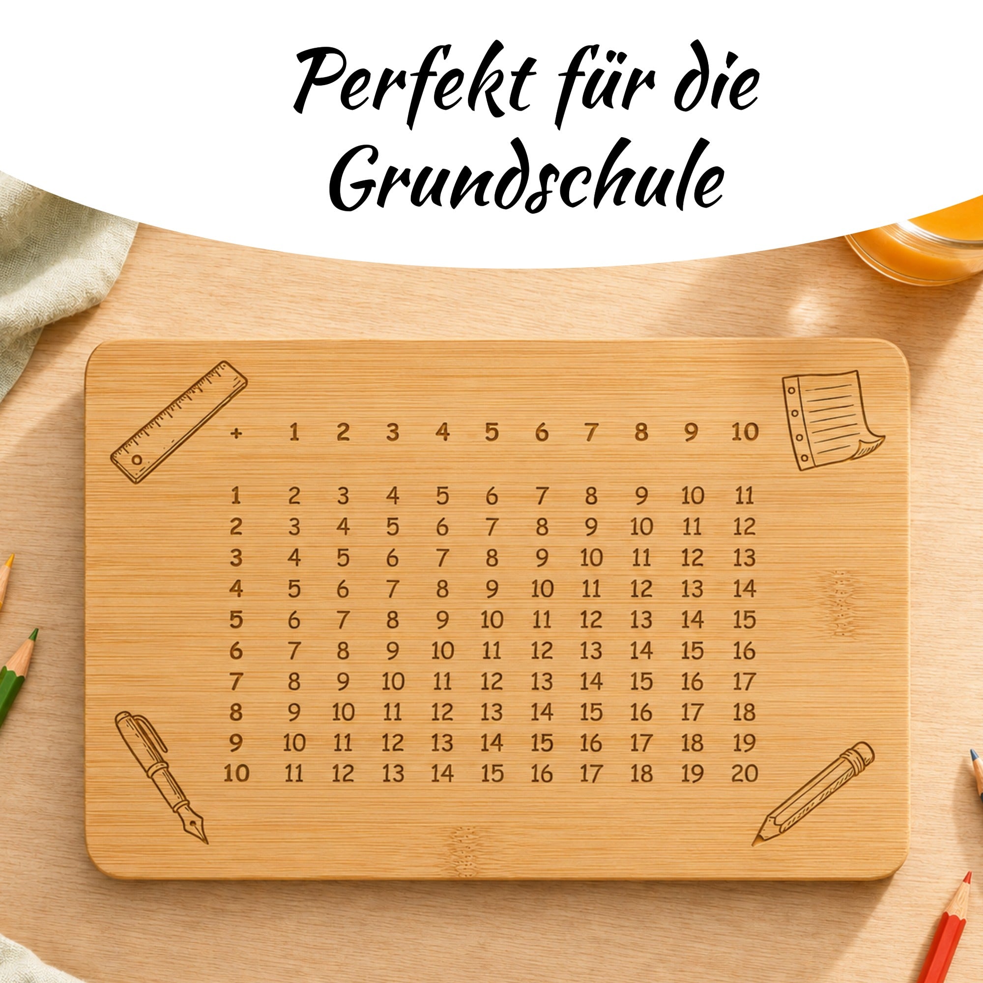Frühstücksbrettchen für die Grundschule mit Rechentabelle zum spielerischen Lernen