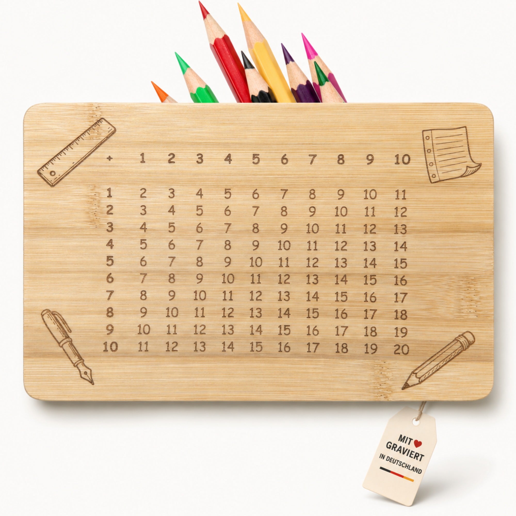 Graviertes Bambusbrettchen mit Plus-Tabelle als Geschenk zur Einschulung und Grundschule