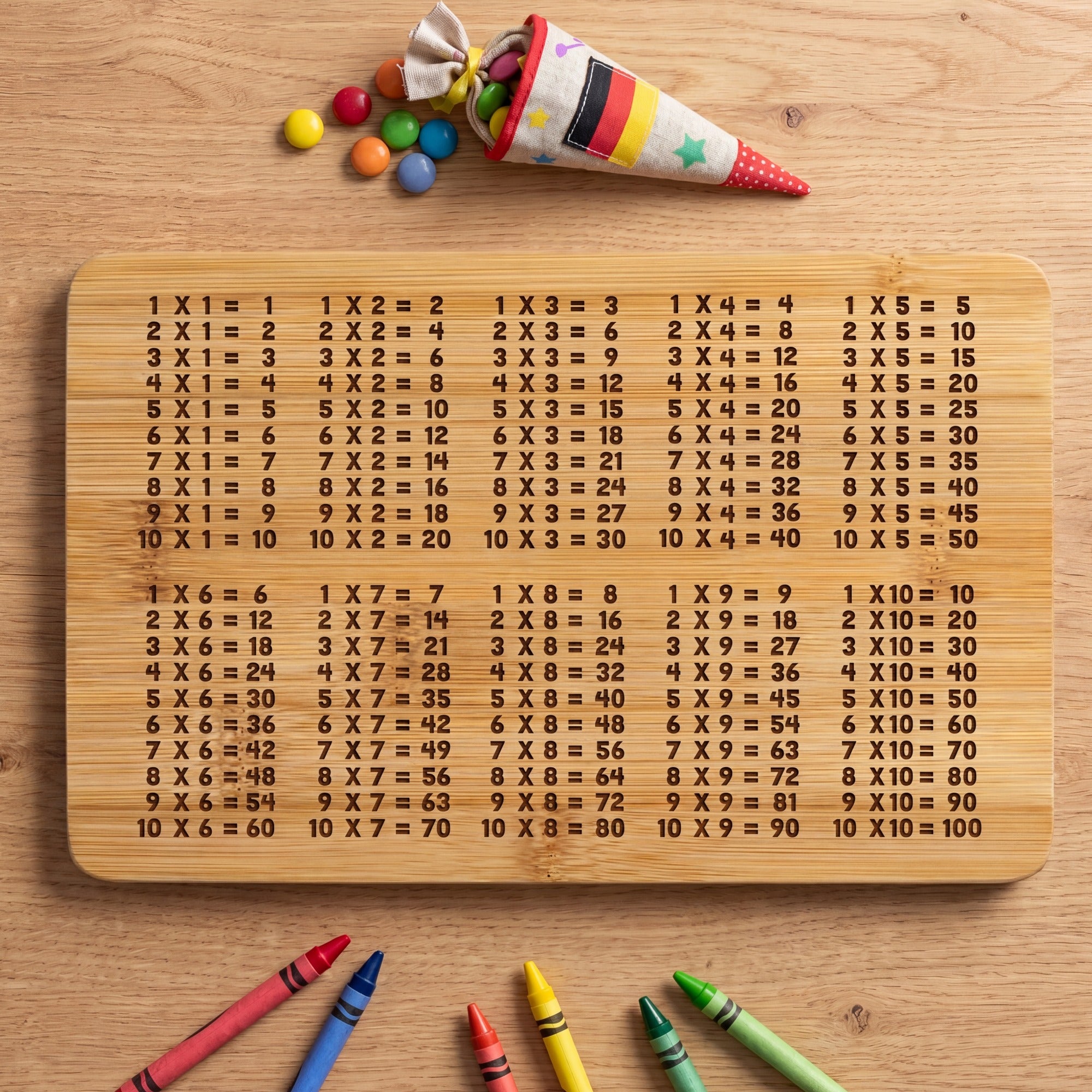 Bambus Frühstücksbrettchen mit graviertem kleinen Einmaleins 1x1 für Grundschulkinder auf Holzuntergrund mit bunten Stiften und Spielzeug