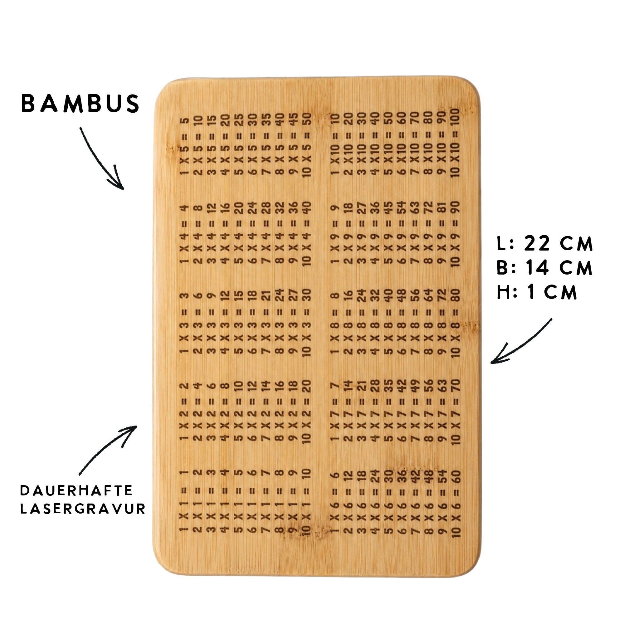 Bambus Lernbrettchen mit dauerhafter Lasergravur des kleinen Einmaleins von 1 bis 10, Maße 22 x 14 x 1 cm