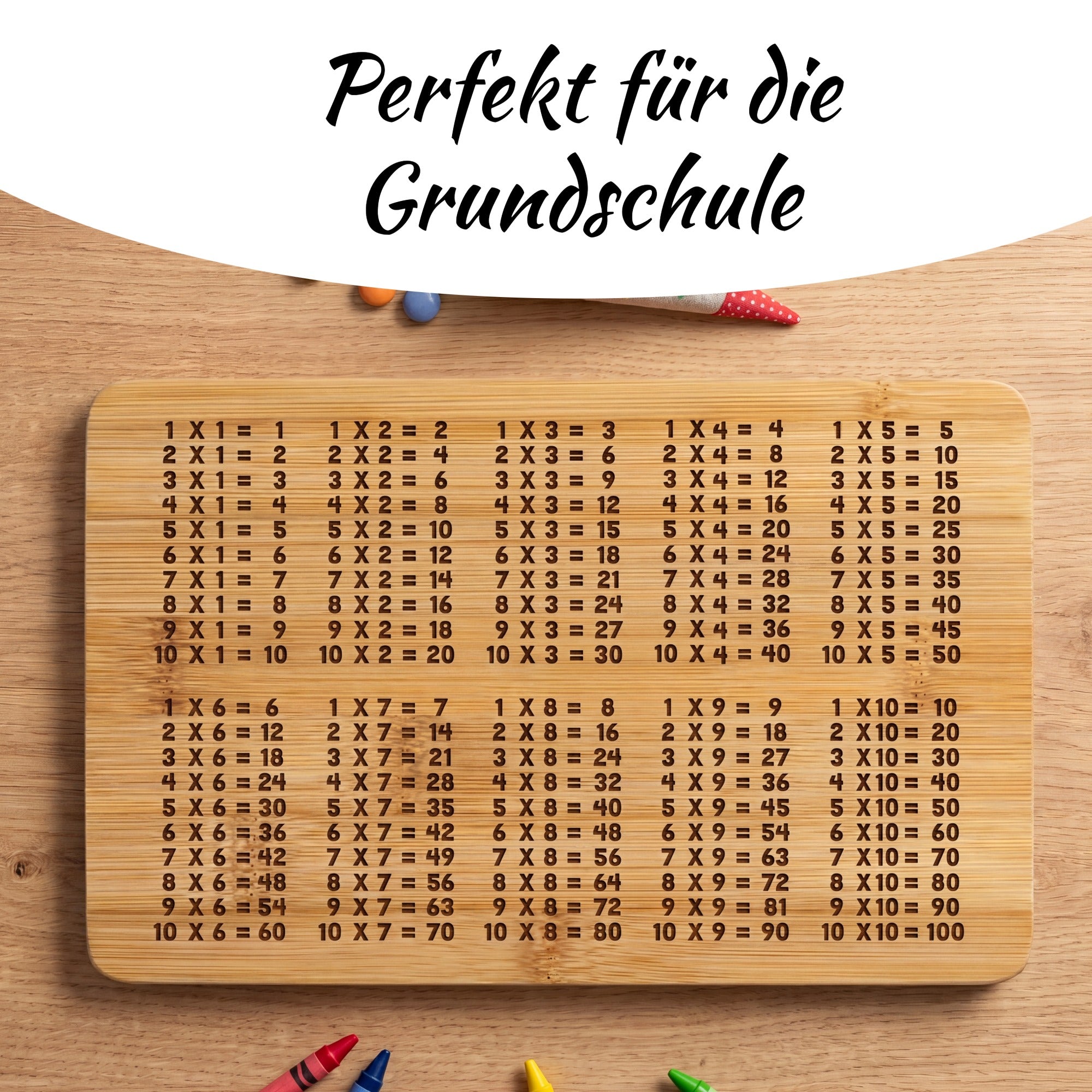 Frühstücksbrettchen aus Bambus mit 1x1 Tabelle und Schriftzug Perfekt für die Grundschule als Lernhilfe für Kinder