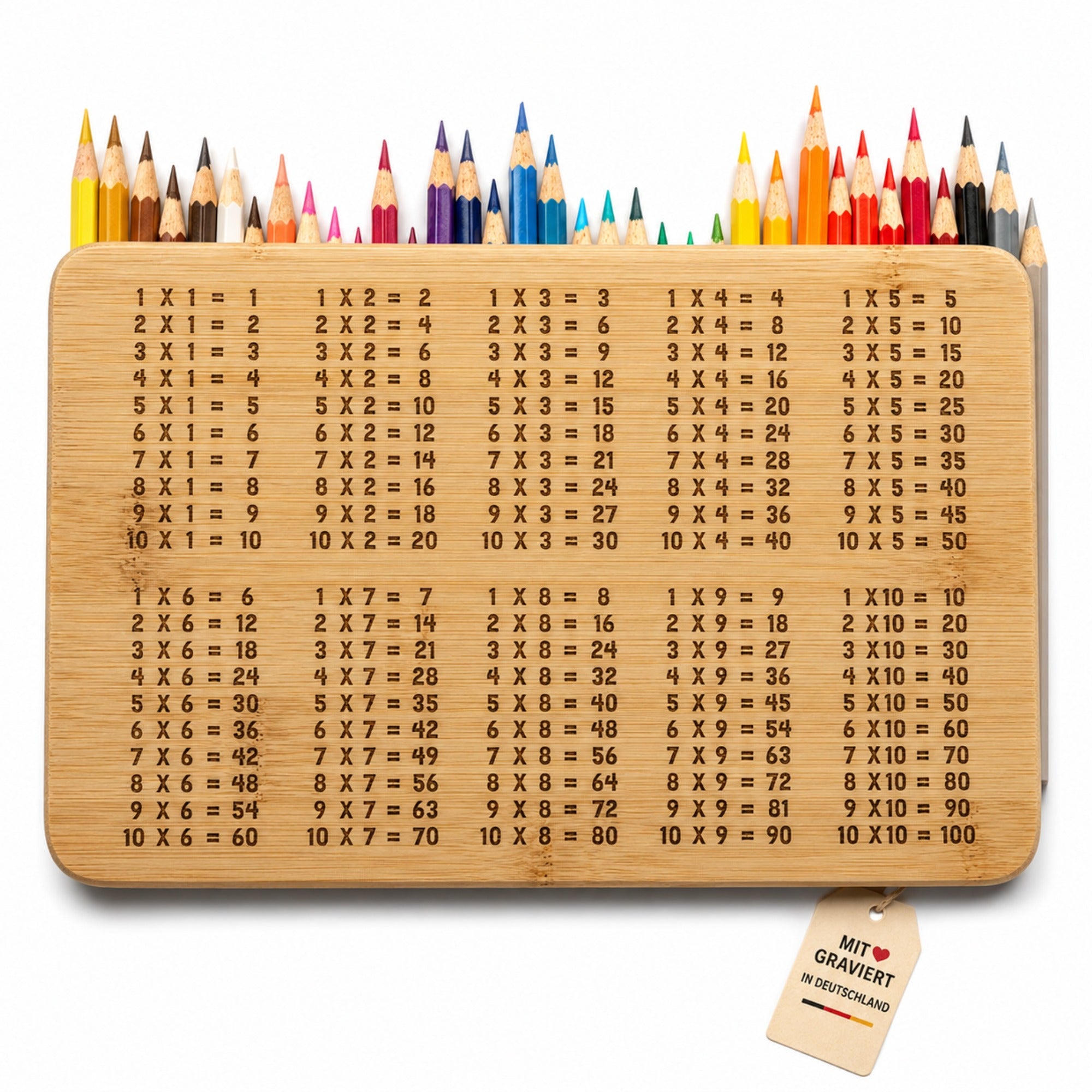 Graviertes Bambus Frühstücksbrettchen mit kleinem Einmaleins für Grundschule, Einschulung und spielerisches Lernen