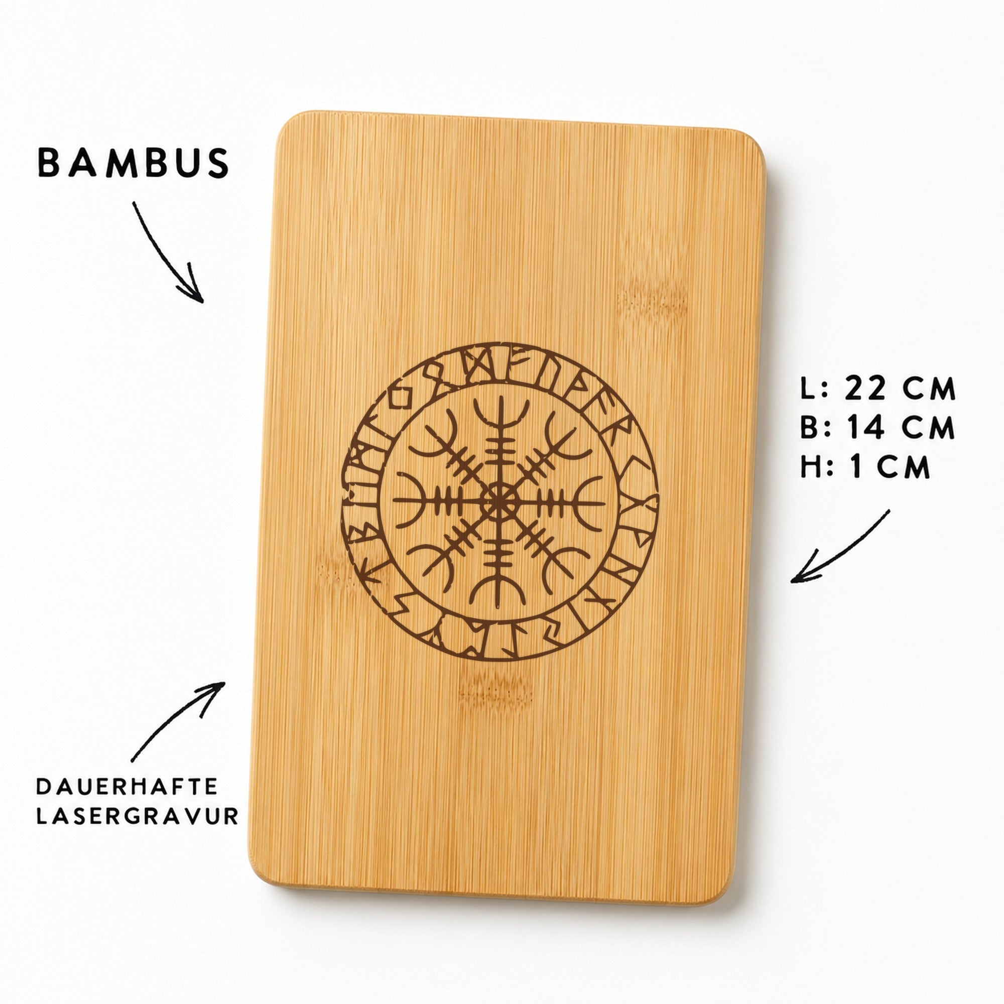 Aegishjalmur-Frühstücksbrettchen aus Bambus mit Maßen 22 × 14 × 1 cm