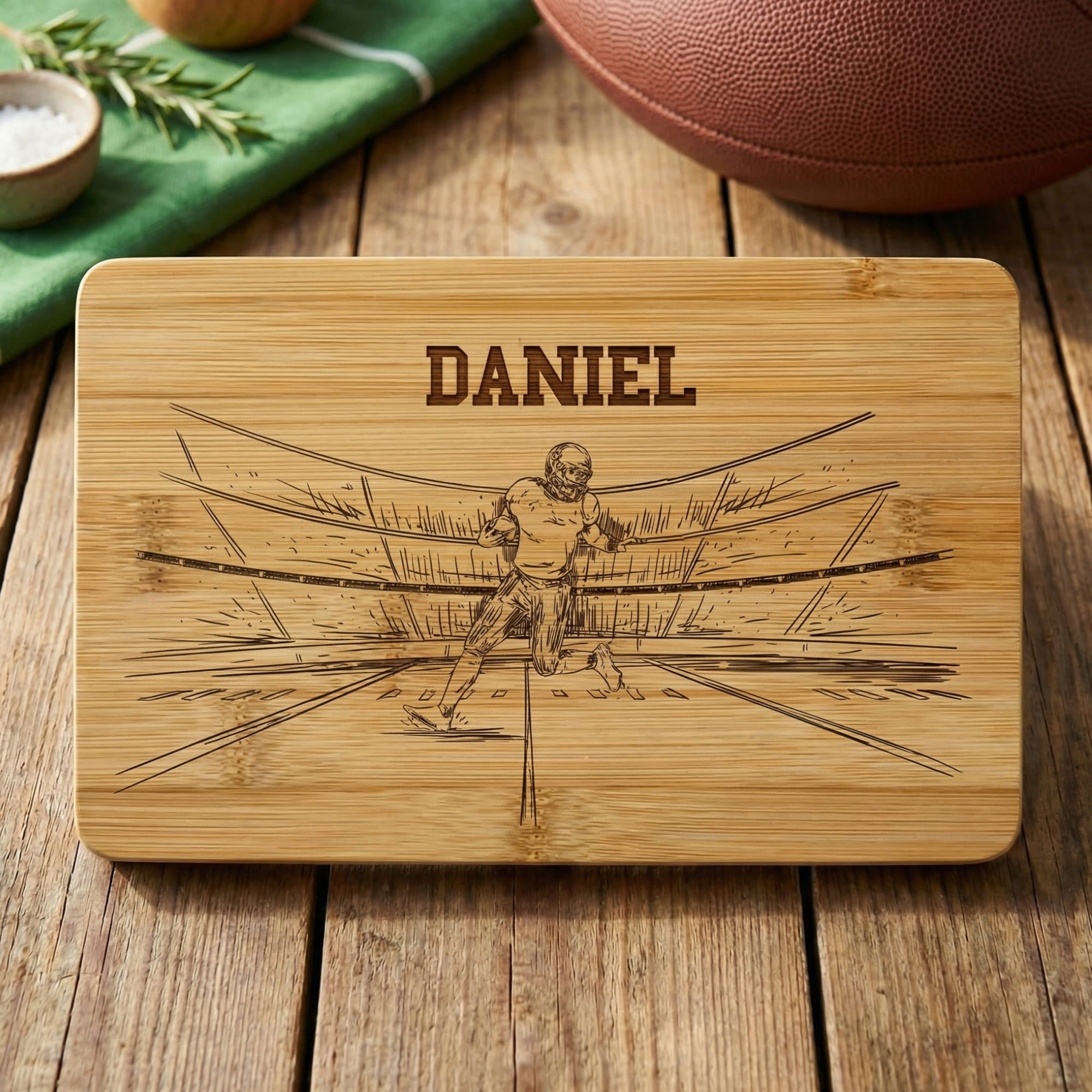 Frühstücksbrettchen aus Bambus mit Football Spieler im Stadion und Name Daniel graviert
