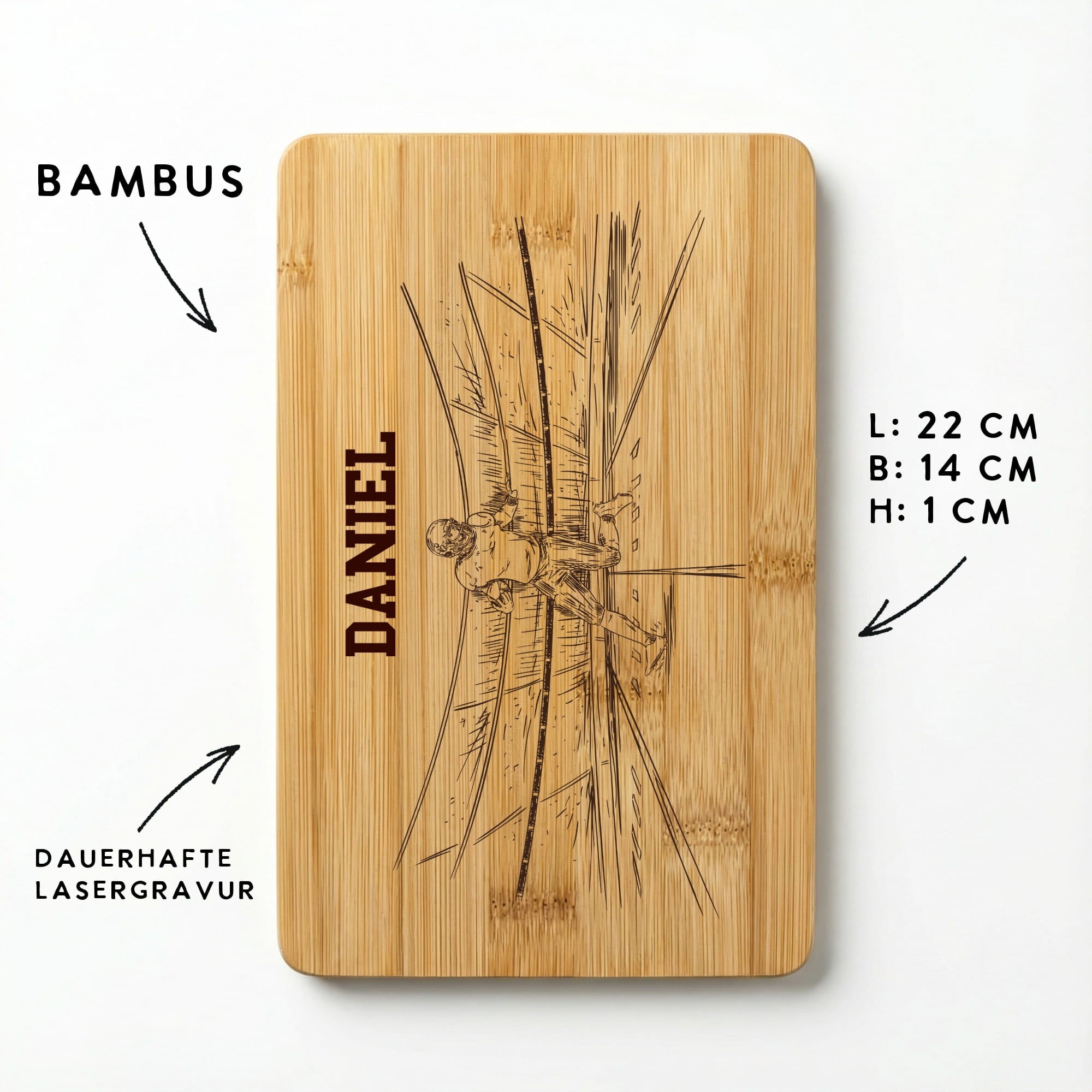 Bambus Holzbrett Rückseite mit Maßangaben 22x14 cm und Hinweis auf Lasergravur