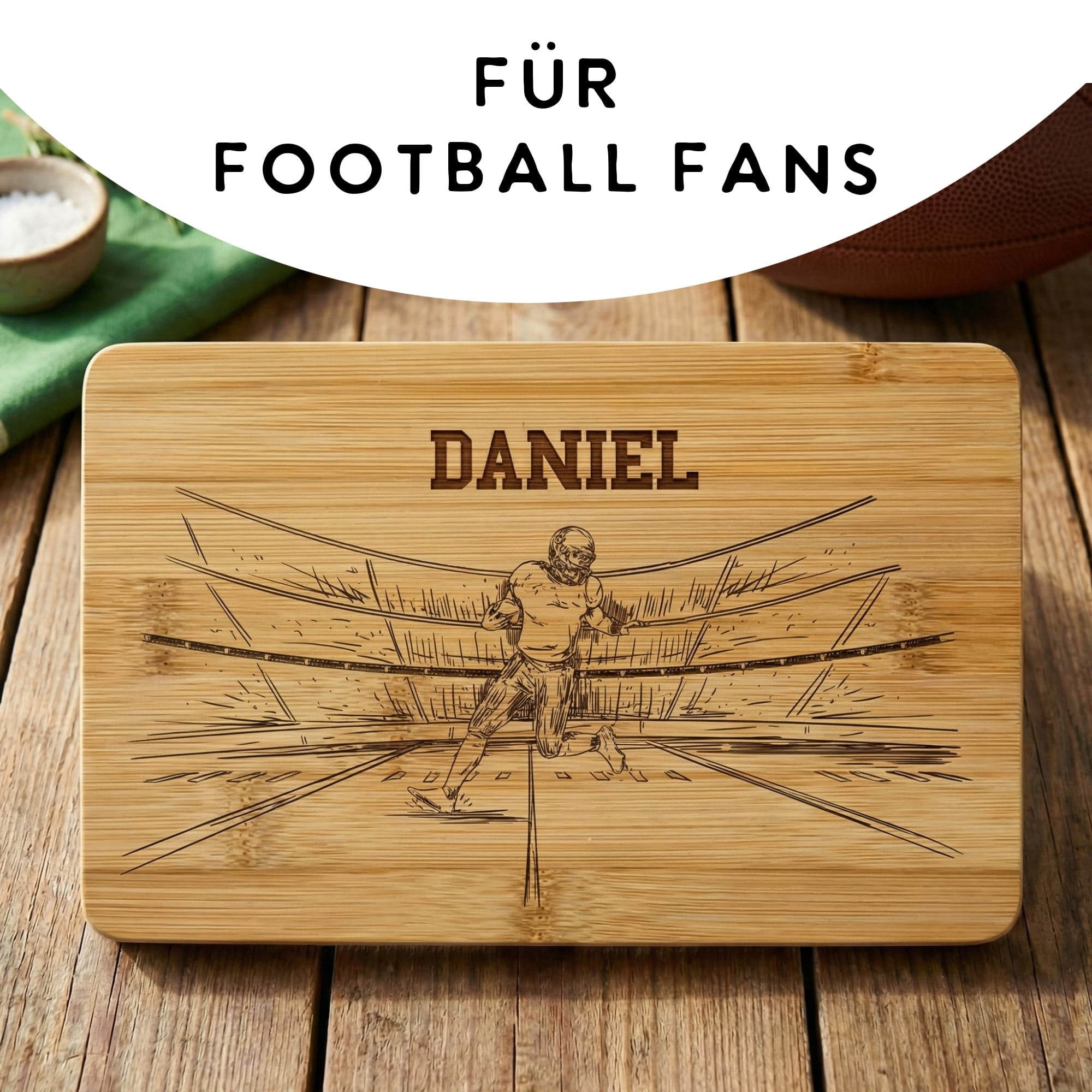 Personalisiertes Frühstücksbrettchen für Football Fans mit Stadion Motiv und Name