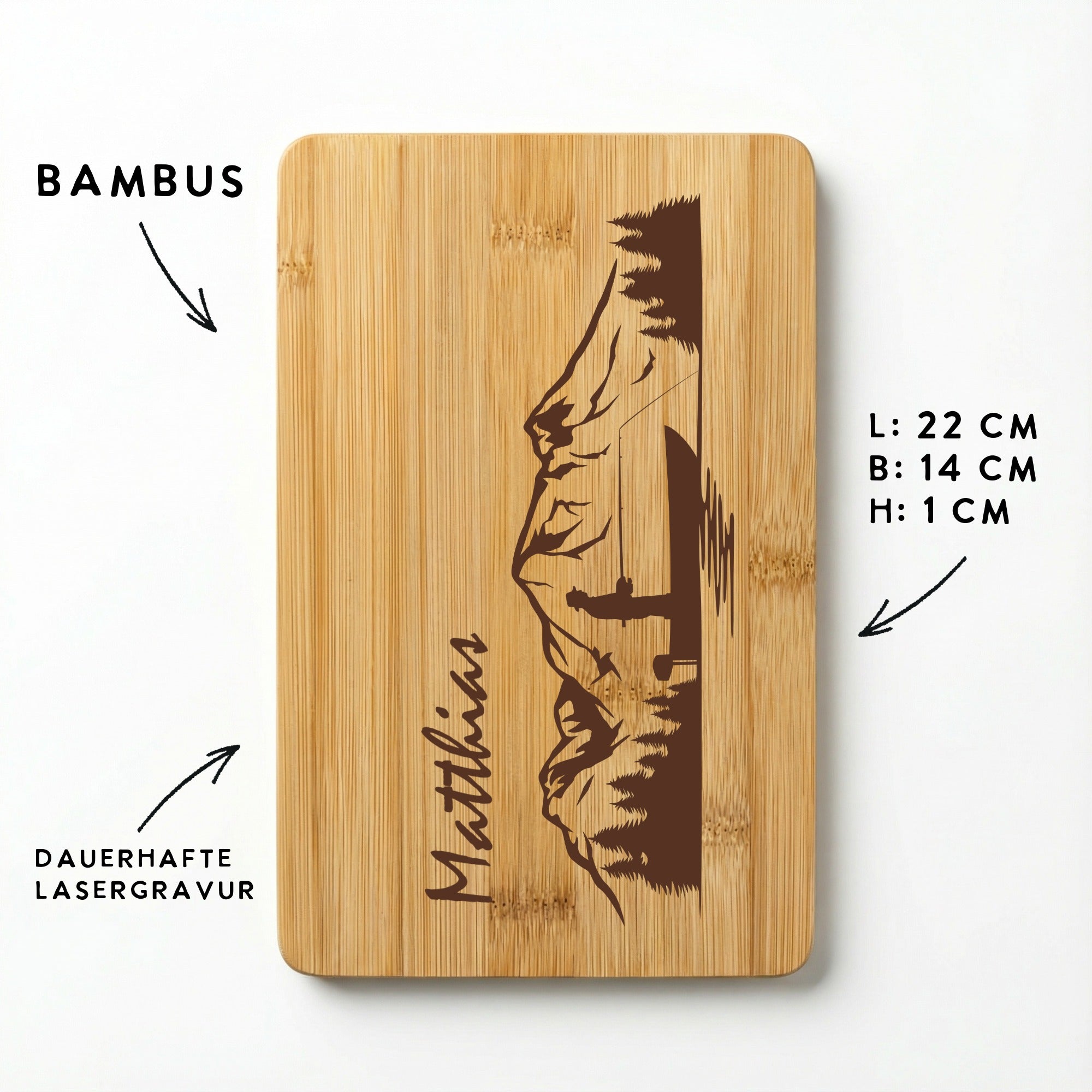 Bambus Frühstücksbrettchen mit personalisierter Lasergravur und Angelmotiv, graviertes Holzbrett für Angler mit Name