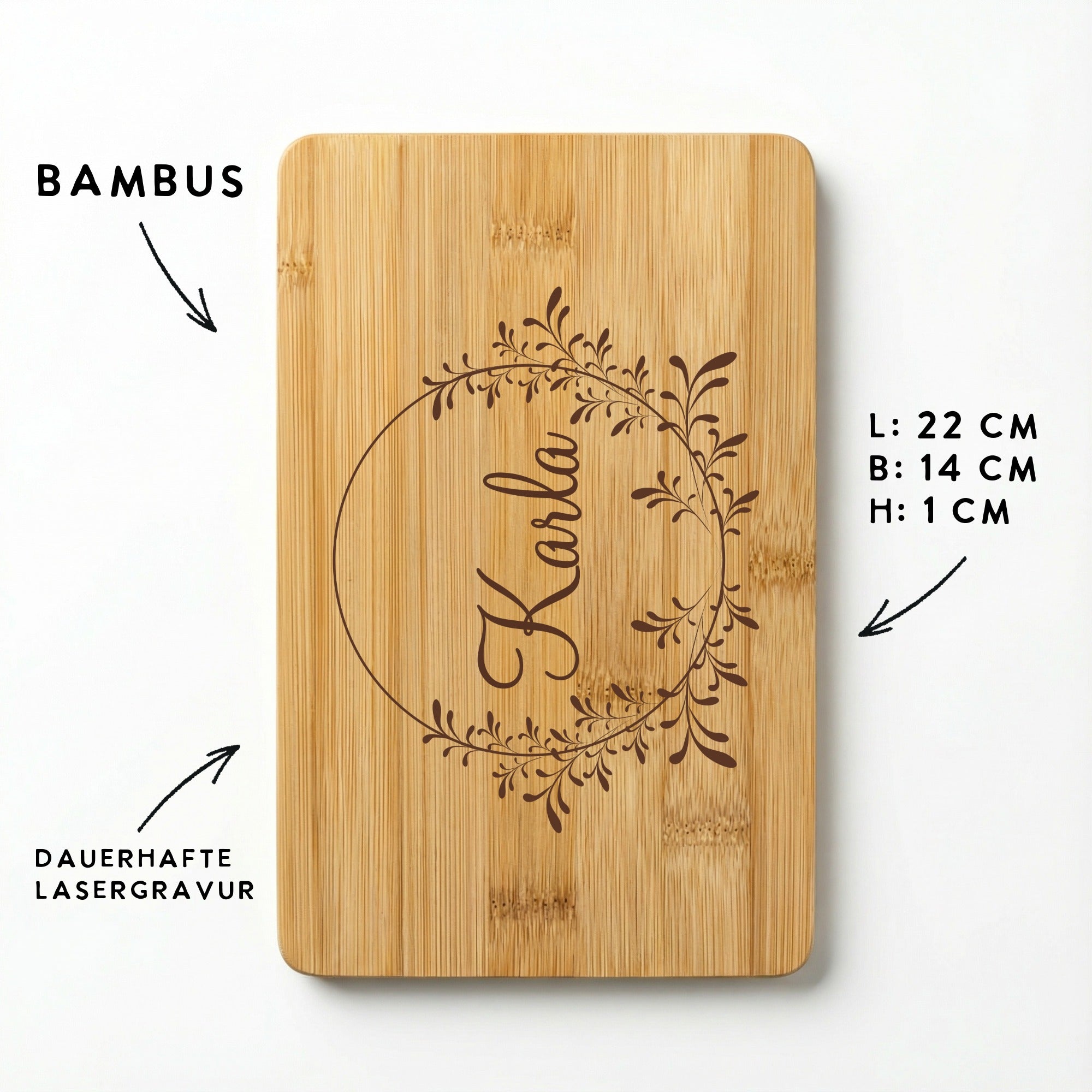 Frühstücksbrettchen aus Bambus mit Namensgravur, Maße 22x14 cm, personalisiertes Holzbrett in hochwertiger Verarbeitung