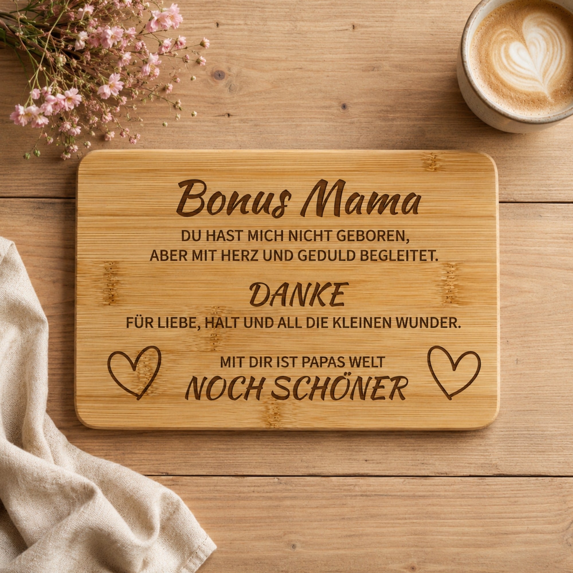 Frühstücksbrettchen aus Bambus mit Bonus Mama Gravur als Geschenk für Stiefmutter oder Bonusmama