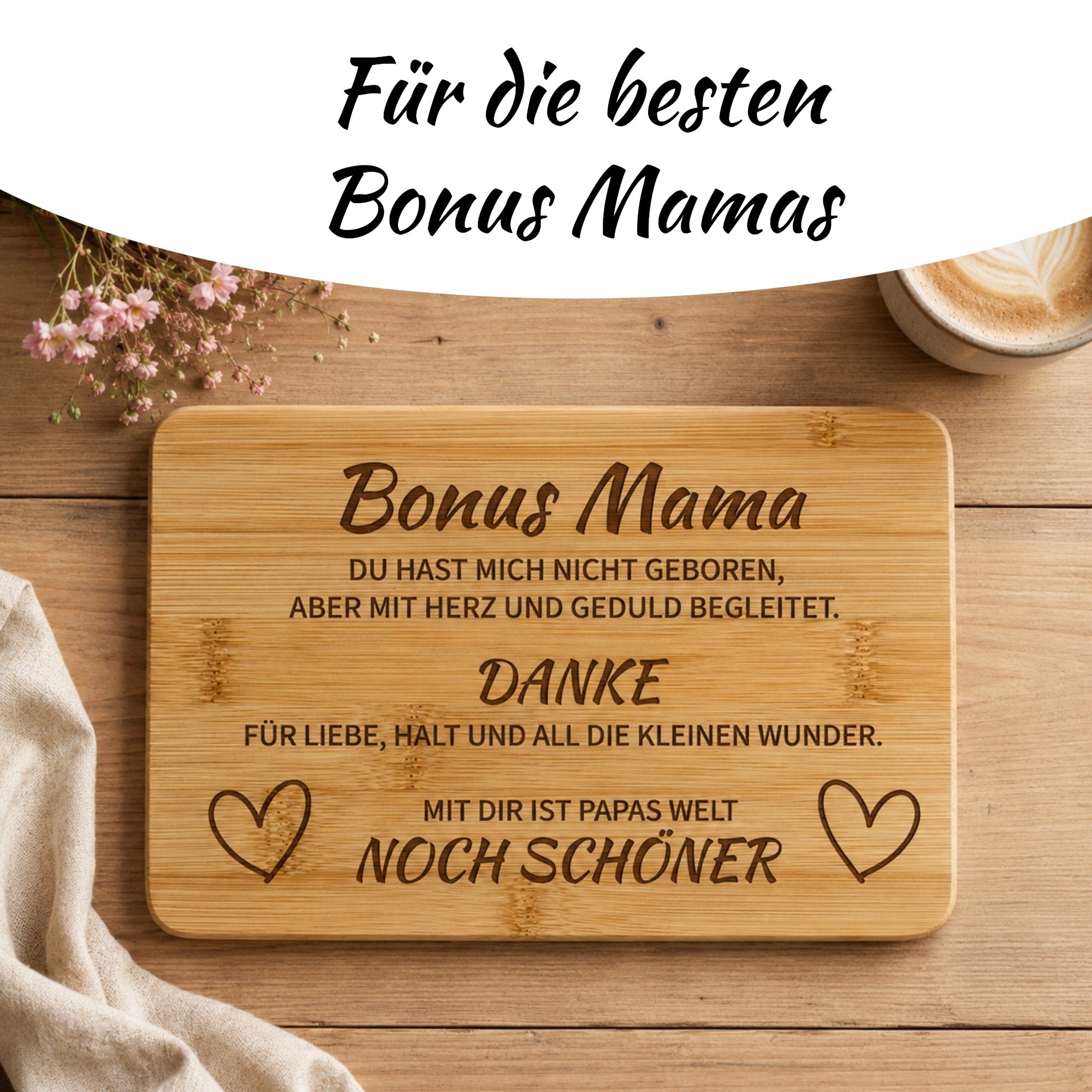 Geschenk für die beste Bonus Mama mit liebevoll graviertem Bambus Frühstücksbrettchen