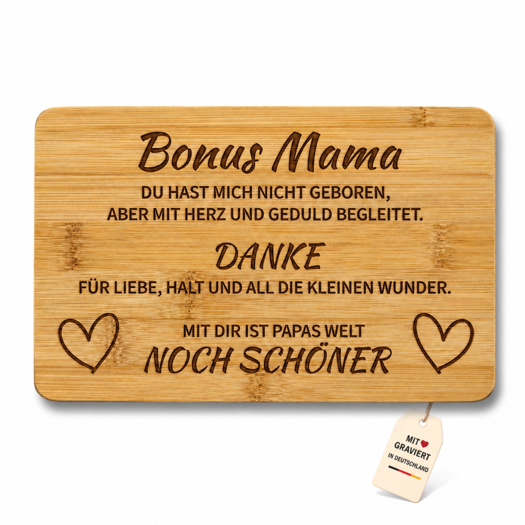 Bonus Mama Frühstücksbrettchen aus Bambus mit Herzmotiv und emotionalem Dankeschön-Spruch