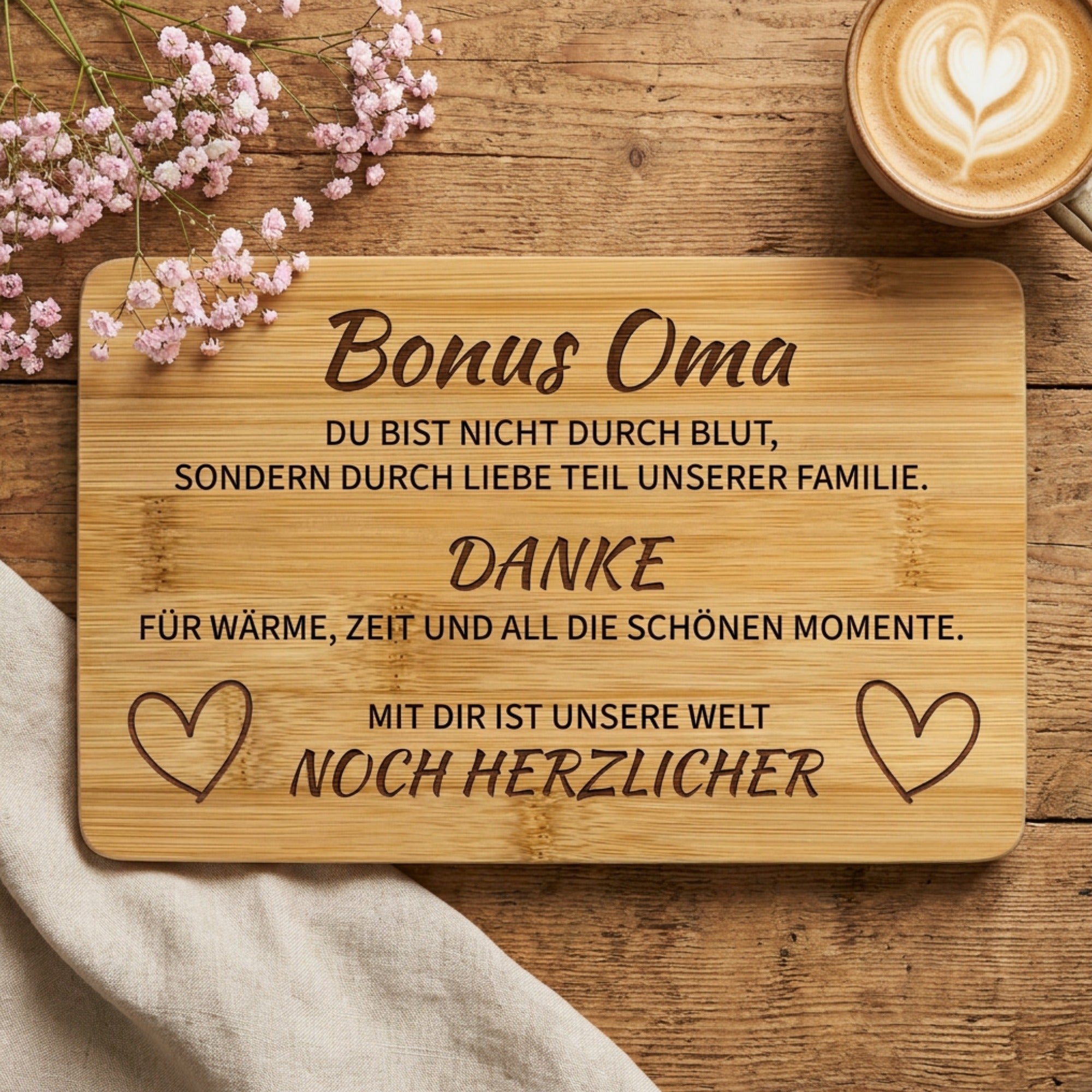 Frühstücksbrettchen aus Bambus mit Bonus Oma Gravur als Geschenk für Stiefoma oder Bonusoma