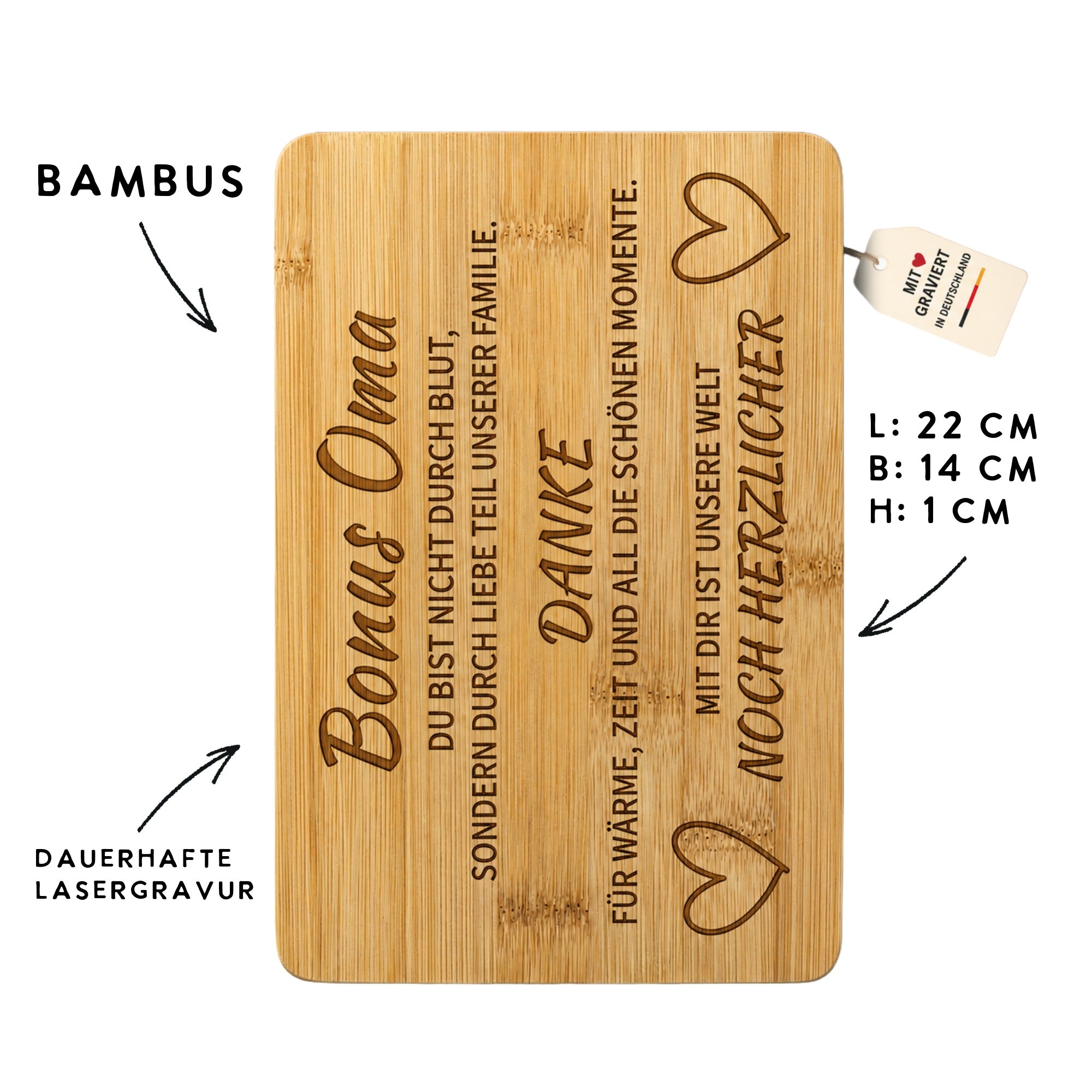 Bonus Oma Bambusbrettchen mit dauerhafter Lasergravur und Maßen 22 x 14 x 1 cm