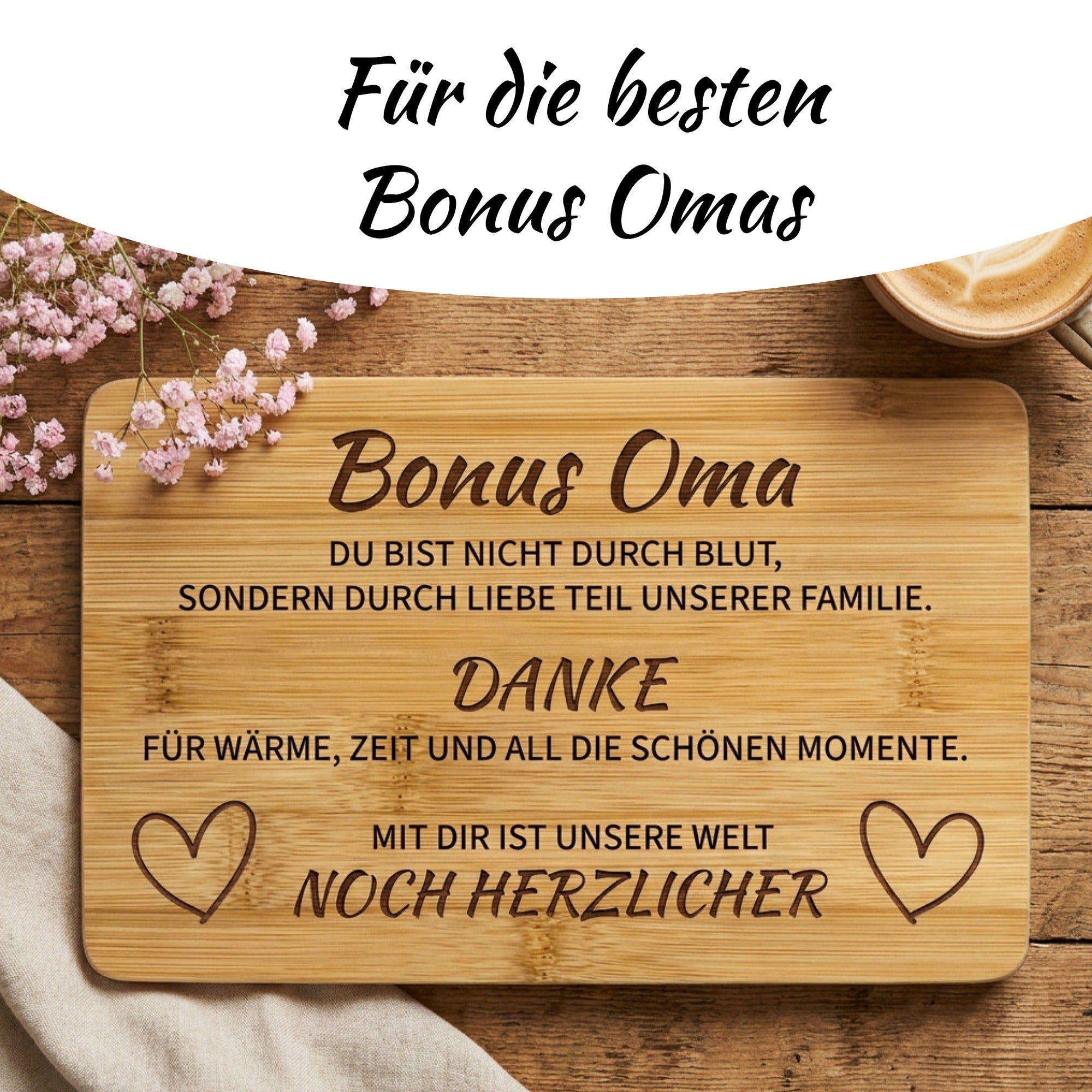 Geschenk für die beste Bonus Oma mit liebevoll graviertem Bambus Frühstücksbrettchen
