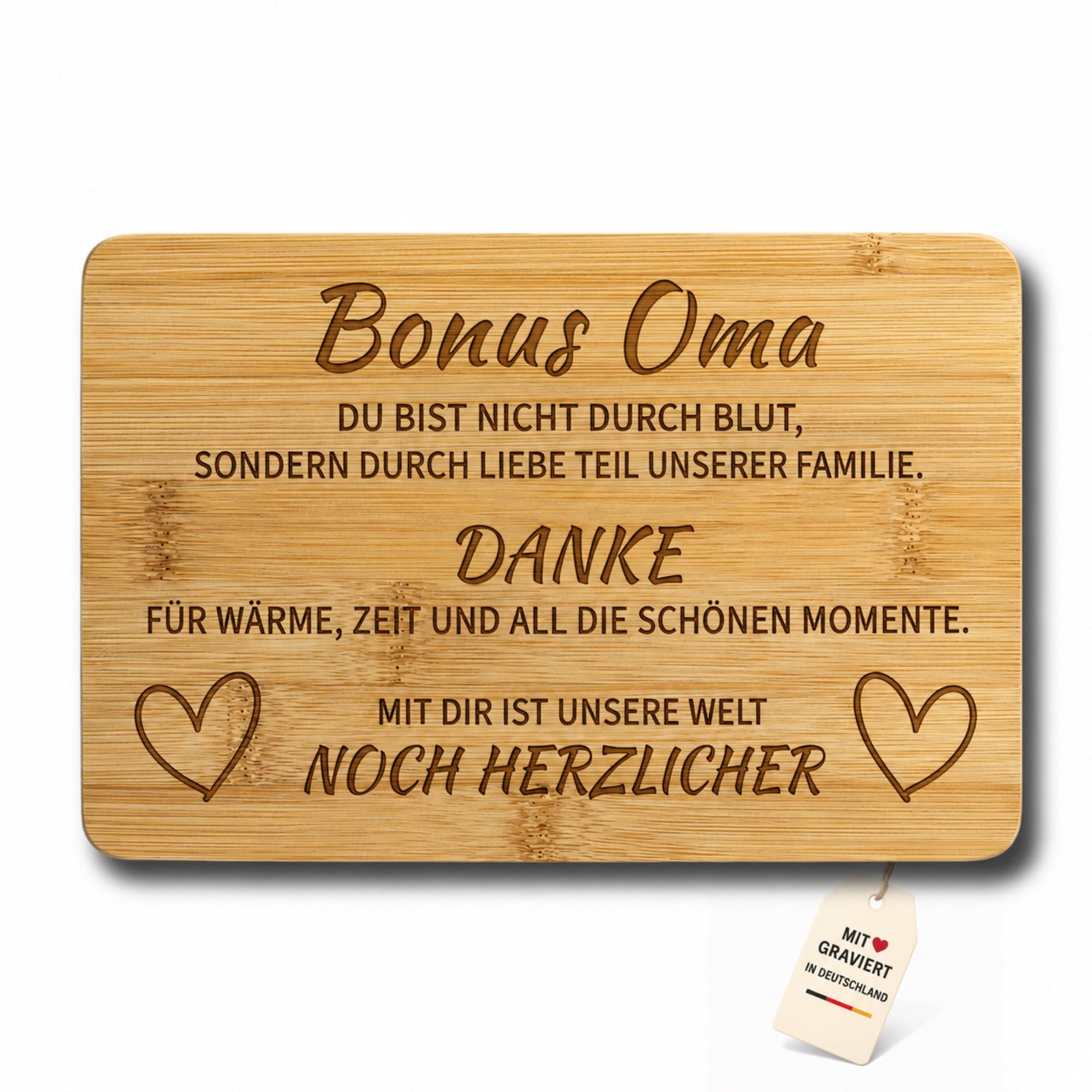 Bonus Oma Frühstücksbrettchen aus Bambus mit Herzmotiv und emotionalem Dankeschön-Spruch