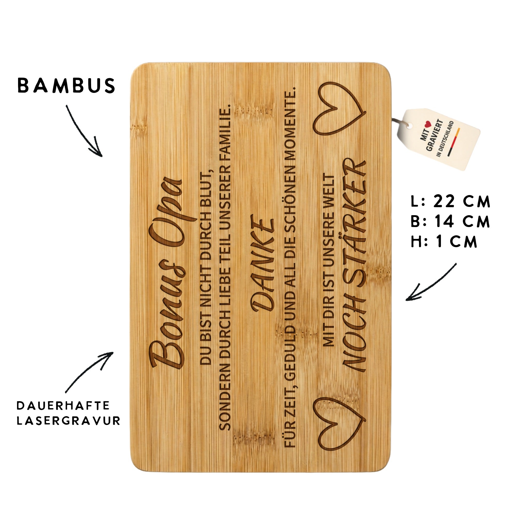 Bonus Opa Bambusbrettchen mit dauerhafter Lasergravur und Maßen 22 x 14 x 1 cm