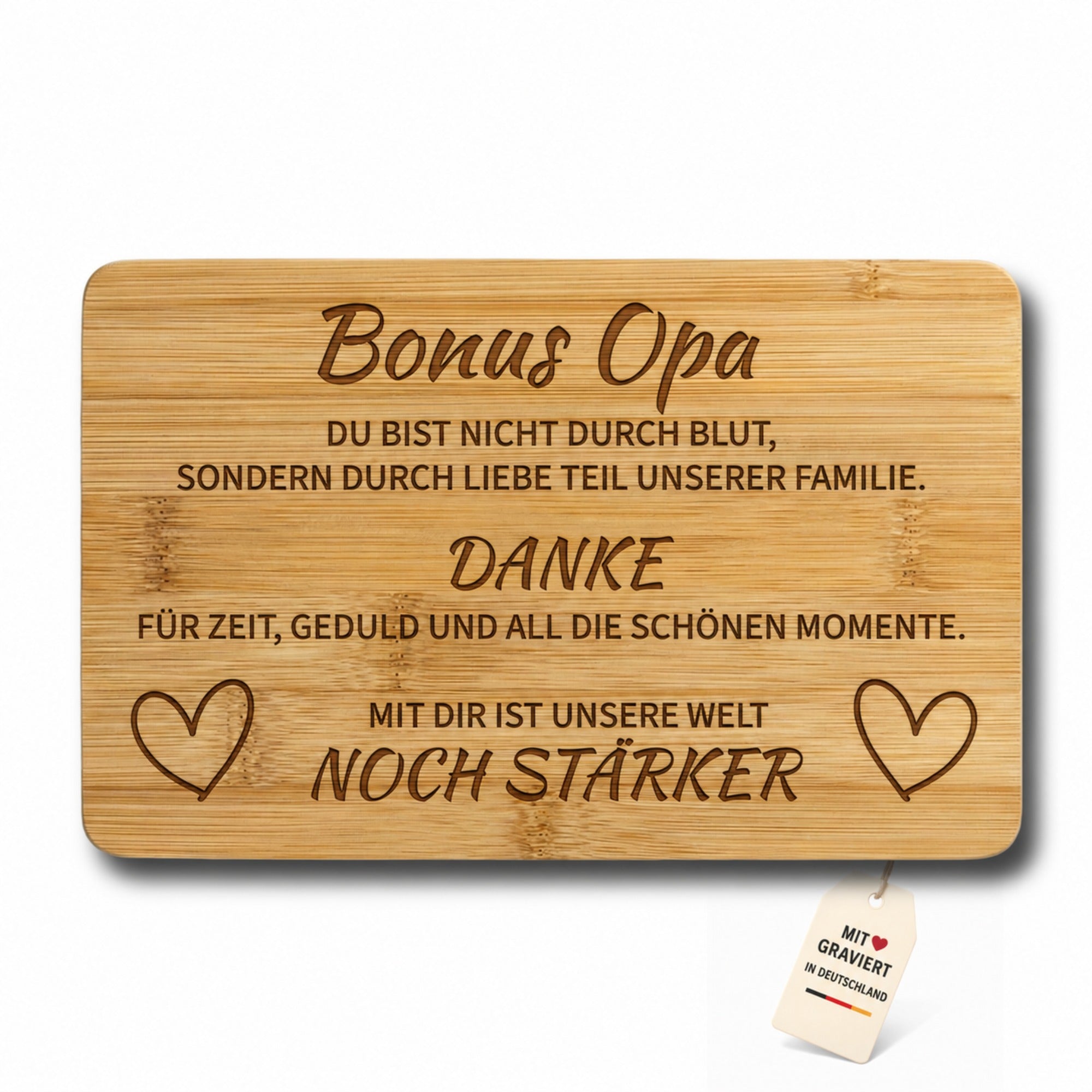 Bonus Opa Frühstücksbrettchen aus Bambus mit Herzmotiv und emotionalem Dankeschön-Spruch