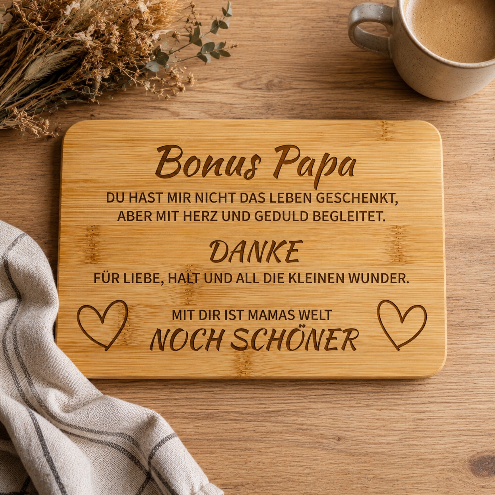 Frühstücksbrettchen aus Bambus mit Bonus Papa Gravur als Geschenk für Stiefvater oder Bonuspapa