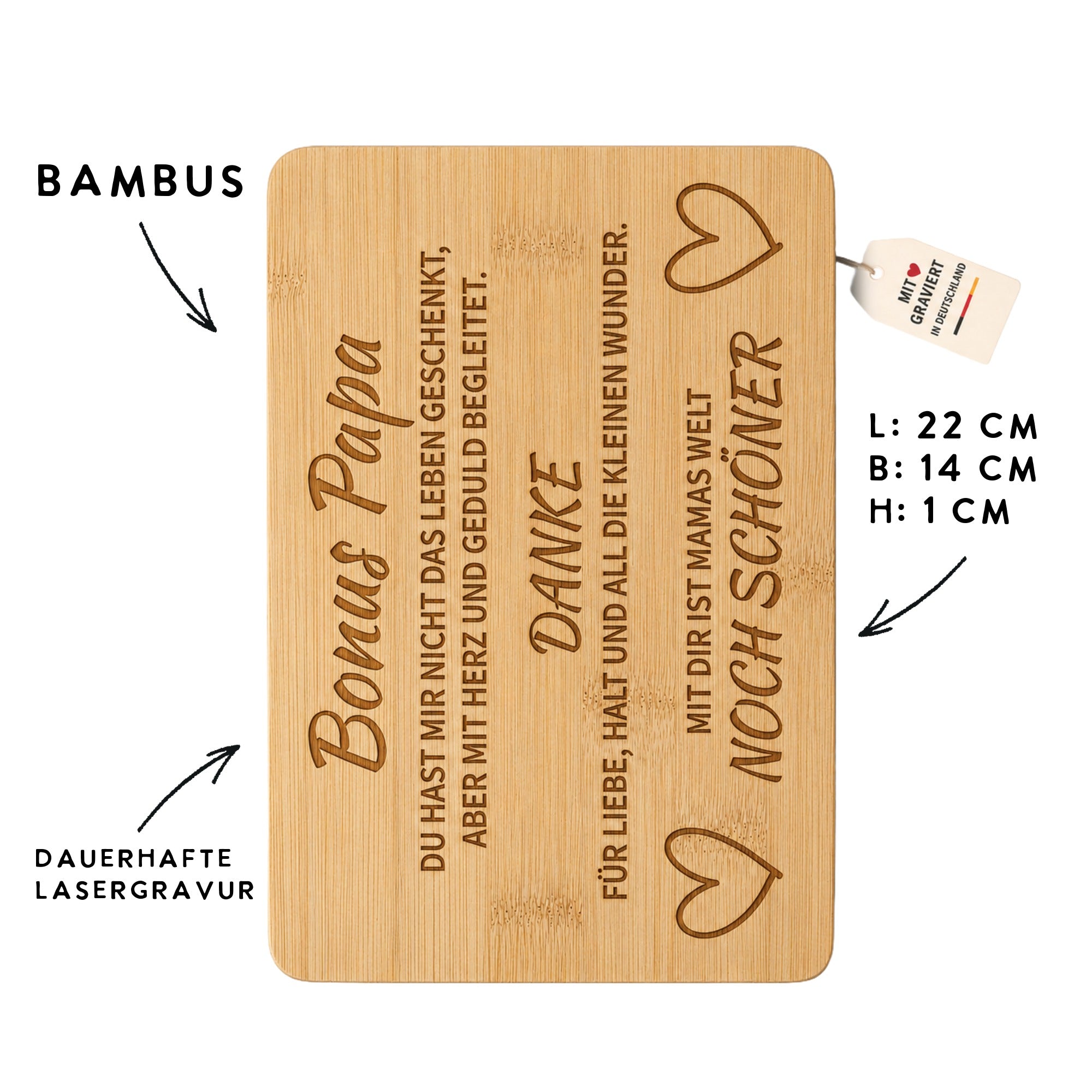 Bonus Papa Bambusbrettchen mit dauerhafter Lasergravur und Maßen 22 x 14 x 1 cm