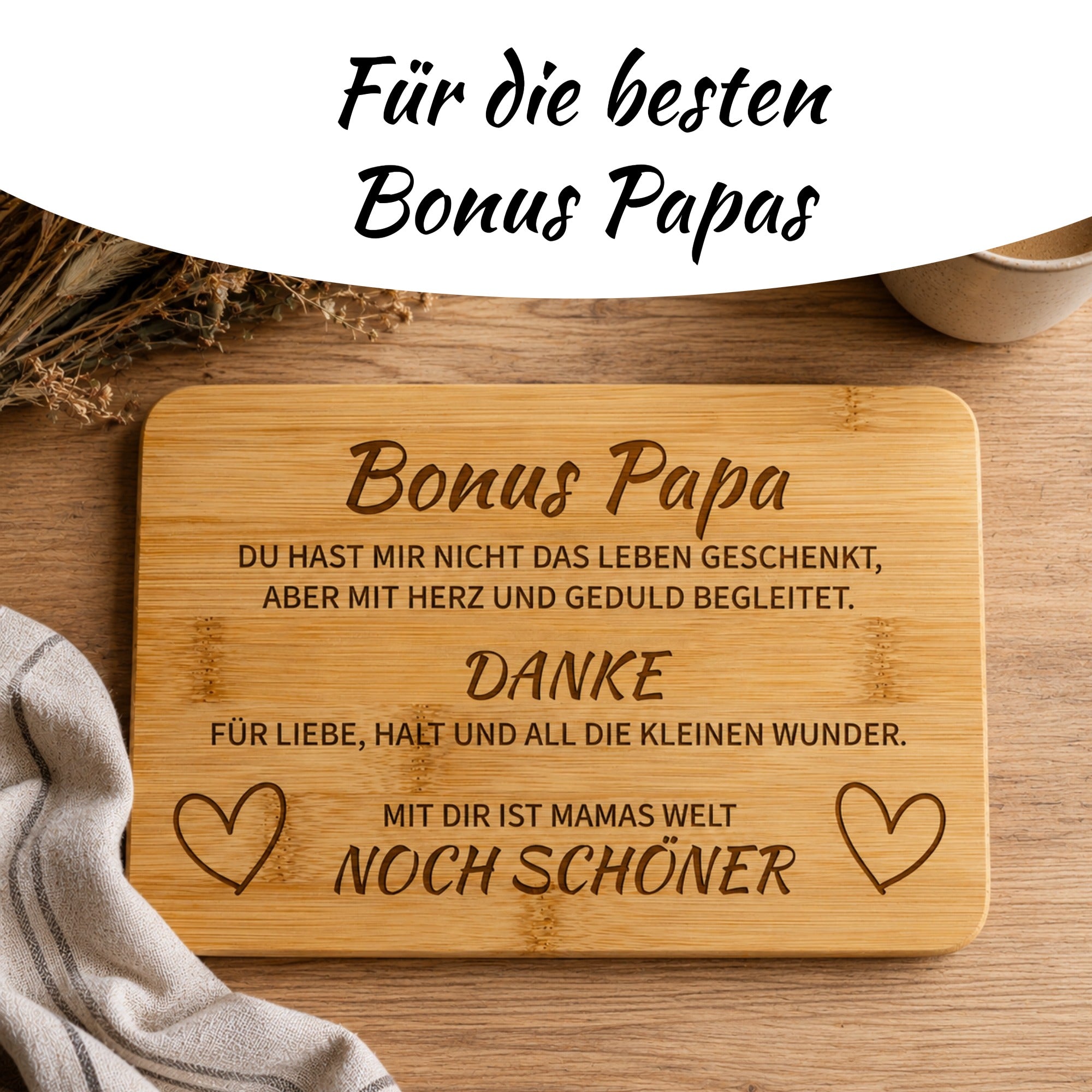 Geschenk für den besten Bonus Papa mit liebevoll graviertem Bambus Frühstücksbrettchen