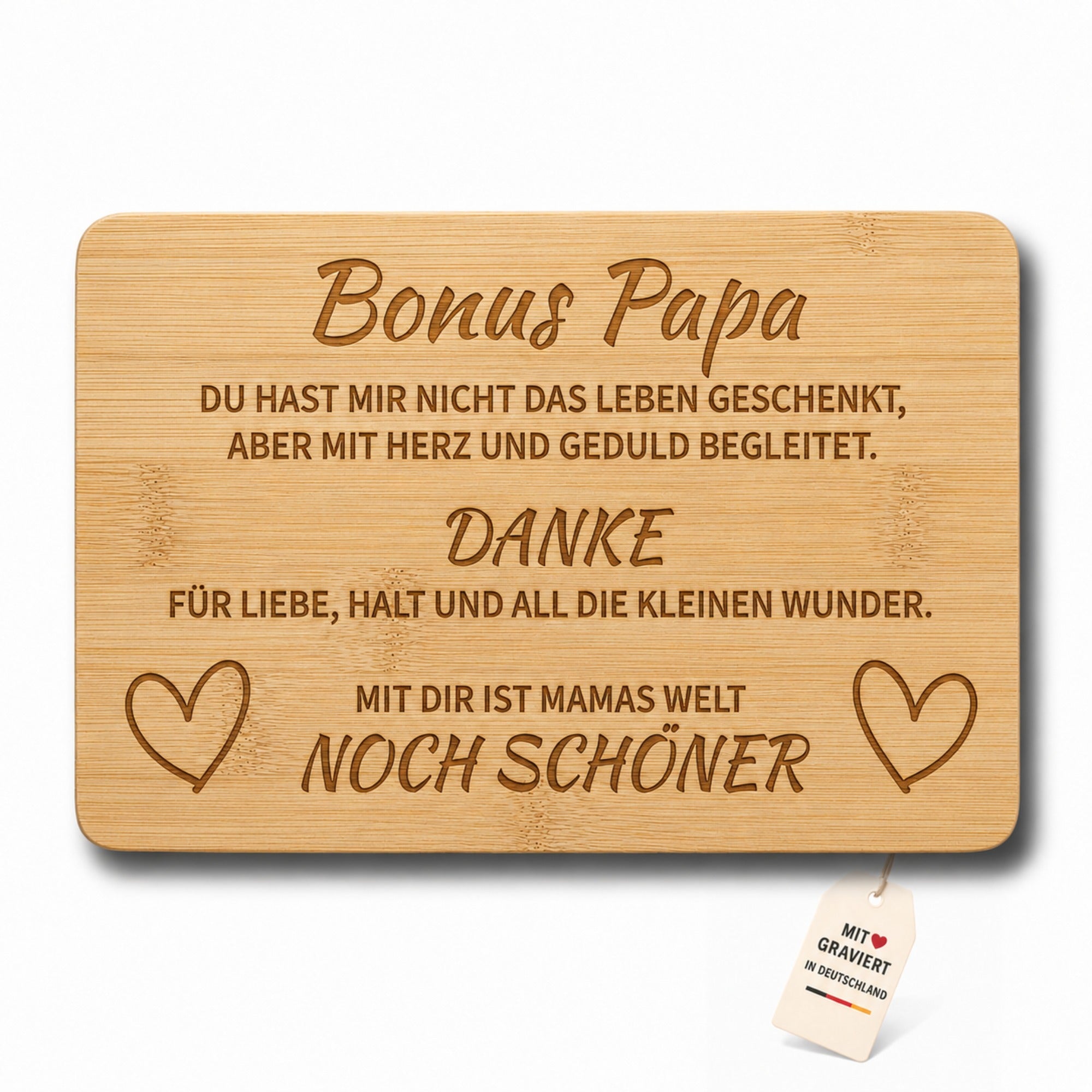 Bonus Papa Frühstücksbrettchen aus Bambus mit Herzmotiv und emotionalem Dankeschön-Spruch