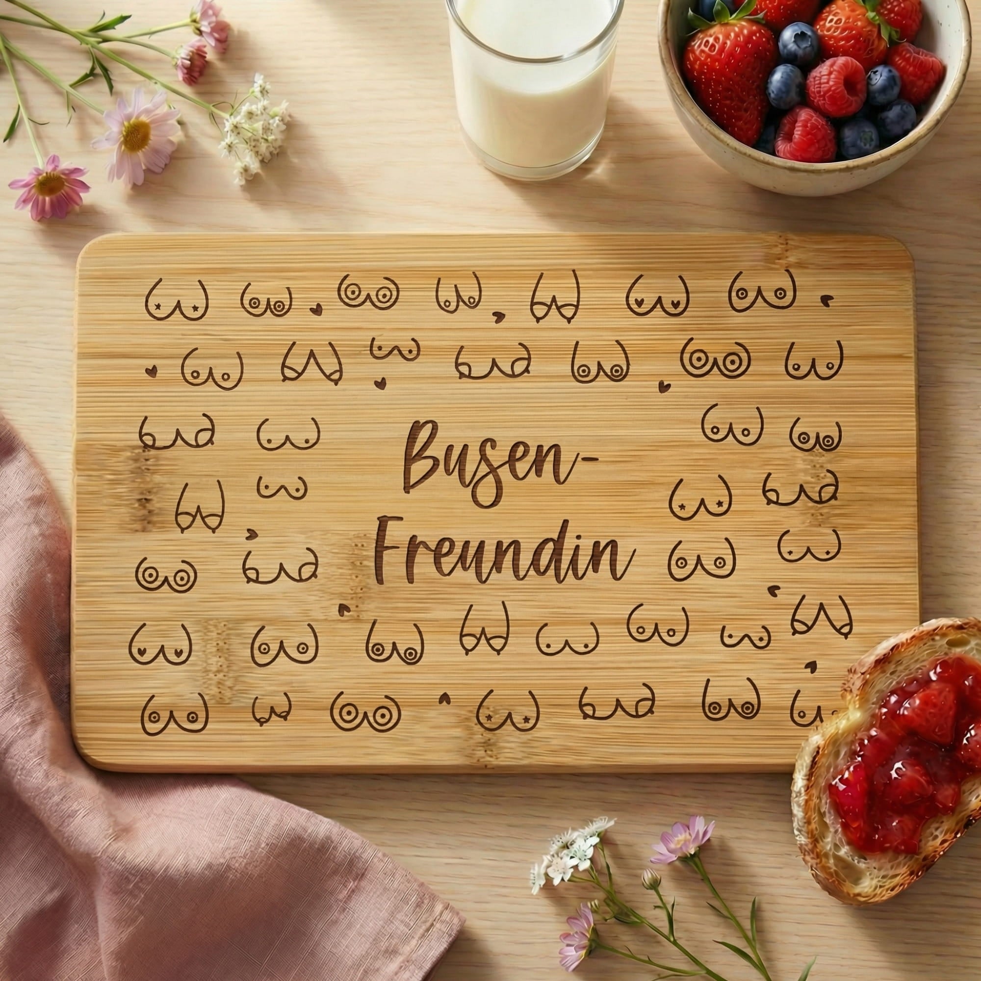 Lustiges Frühstücksbrettchen aus Bambus mit Busen Freundin Gravur und Muster