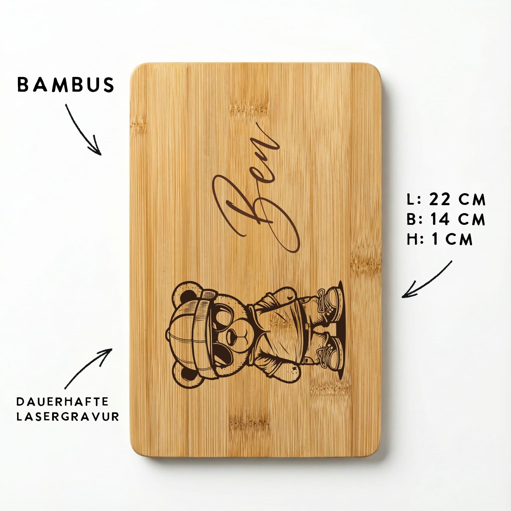 Bambus Brettchen mit Teddy Gravur, Maßangaben 22x14 cm und Hinweis Lasergravur
