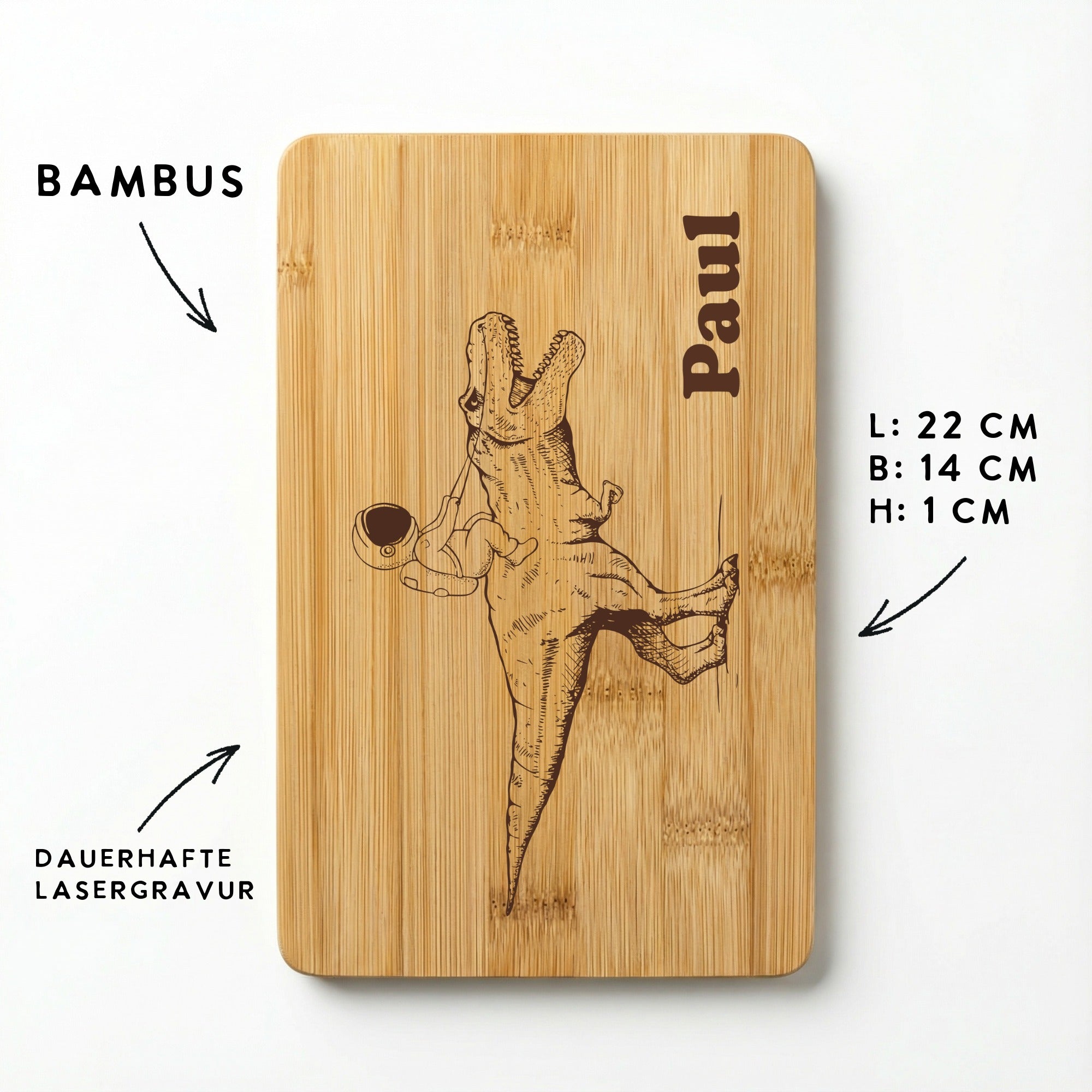 Bambus Frühstücksbrett mit Dino Astronaut Motiv und Namensgravur – 22x14 cm Holzbrett mit Lasergravur