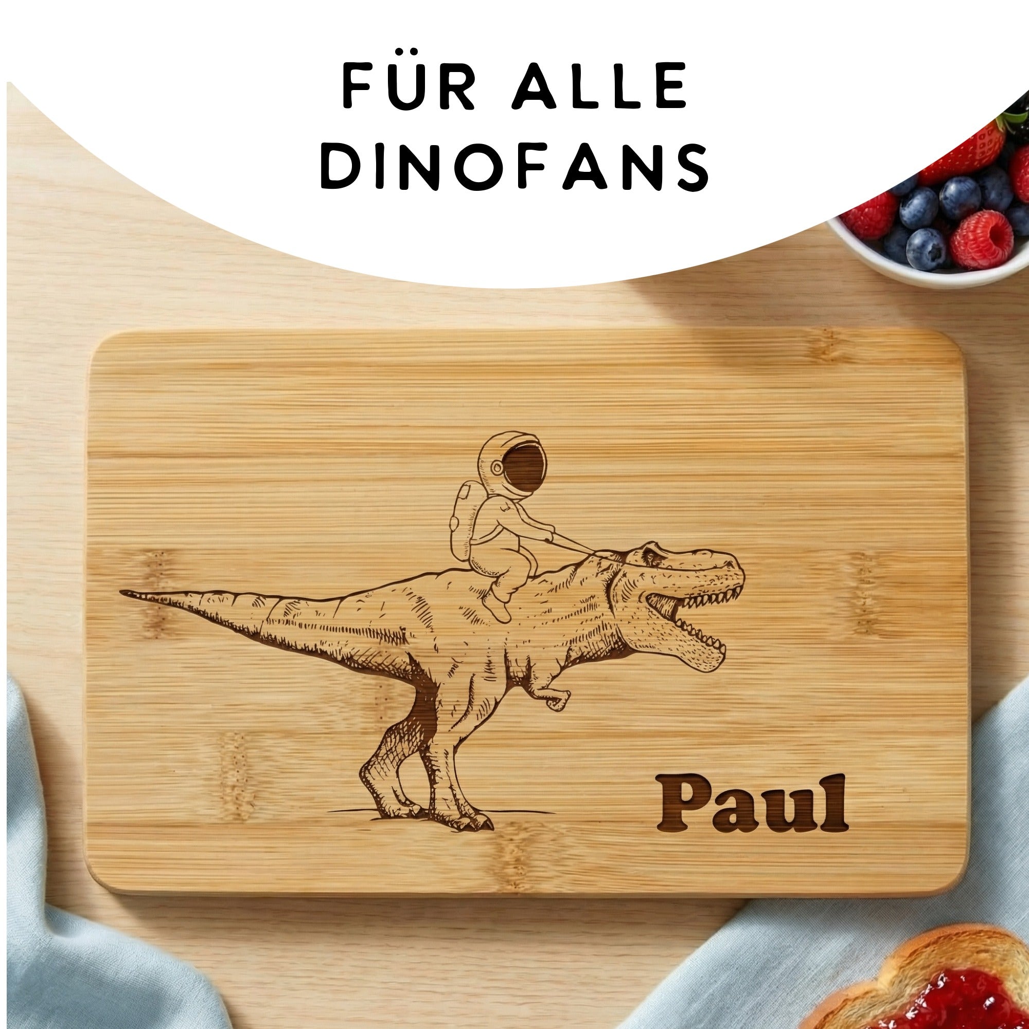 Frühstücksbrett für Jungen mit Dinosaurier und Astronaut – personalisiertes Brett mit Name