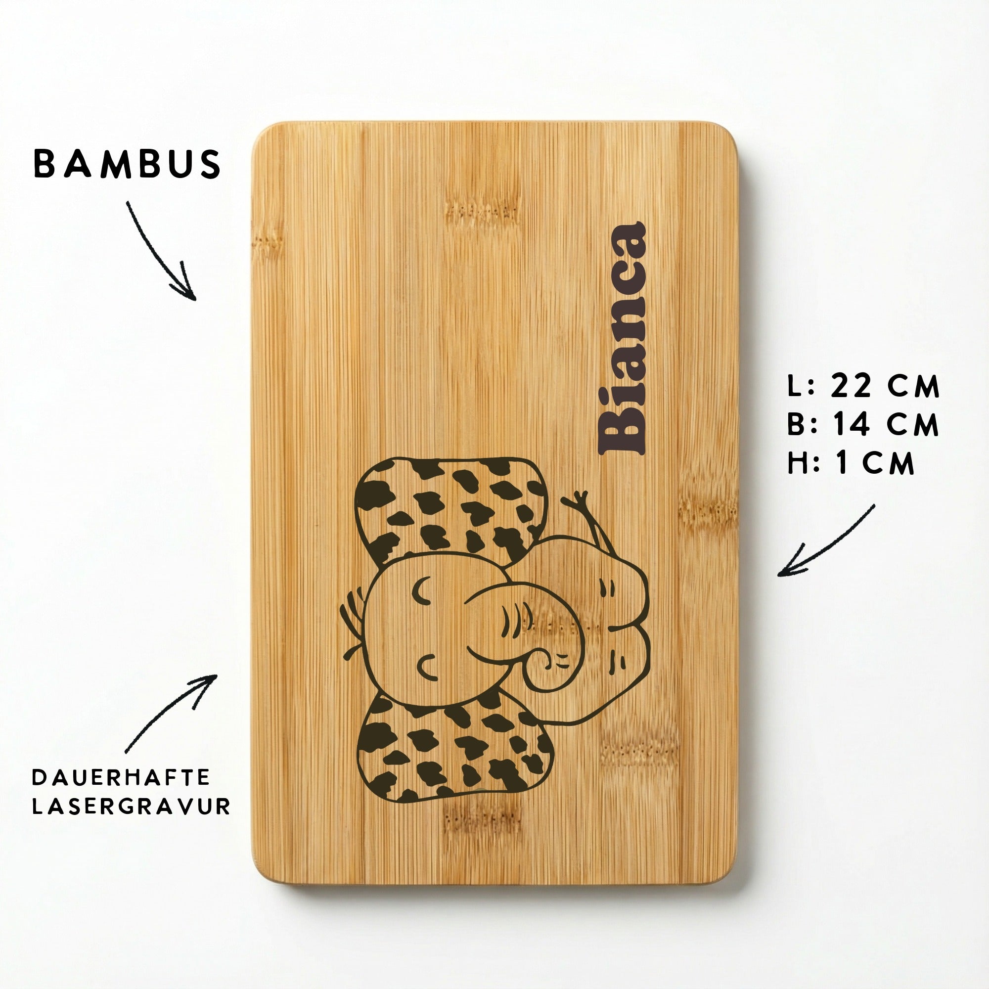 Graviertes Bambus Kinderbrettchen mit Elefant, Maße 22x14 cm, personalisiert mit Namen