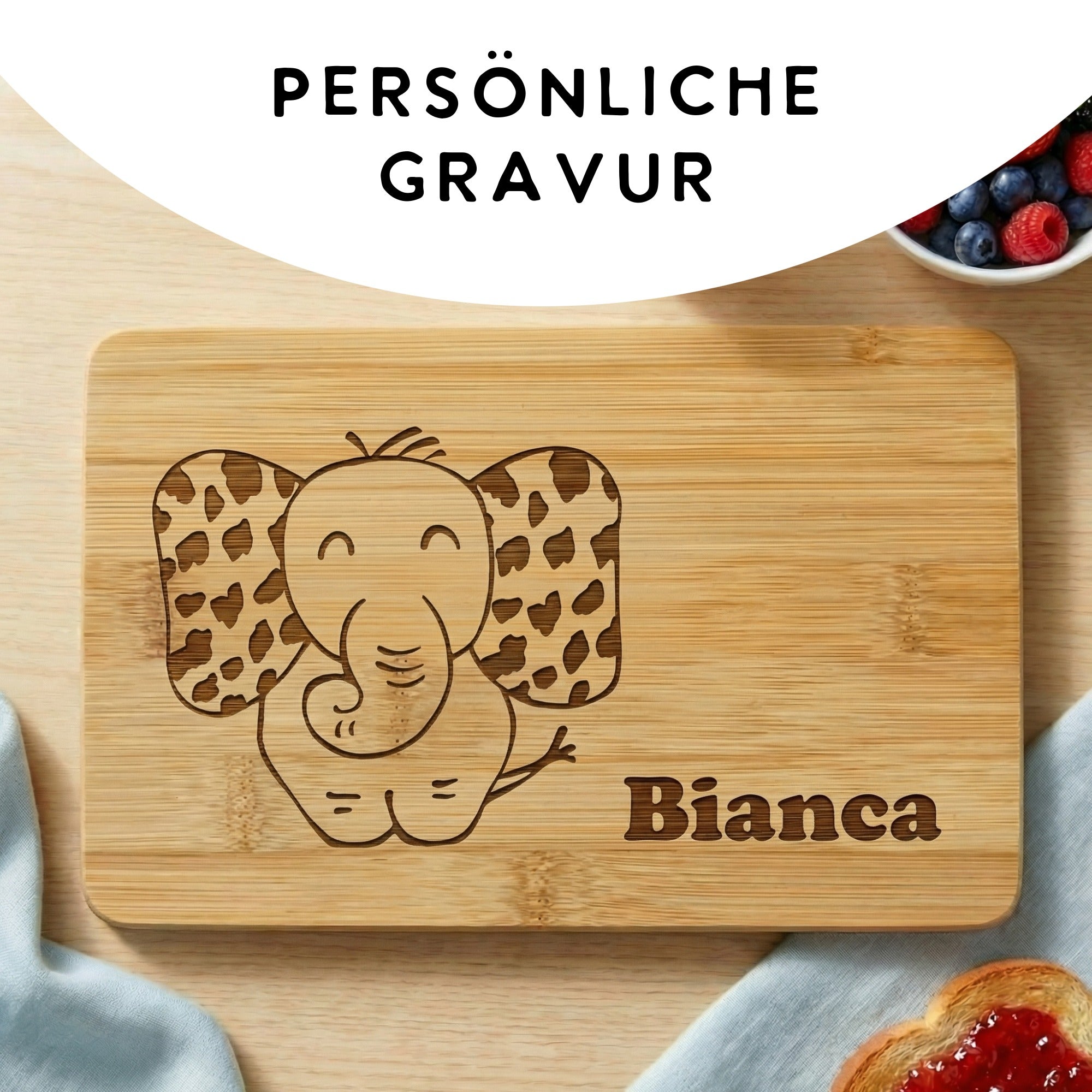 Frühstücksbrettchen für Kinder mit Elefant Design und individueller Namensgravur als Geschenkidee