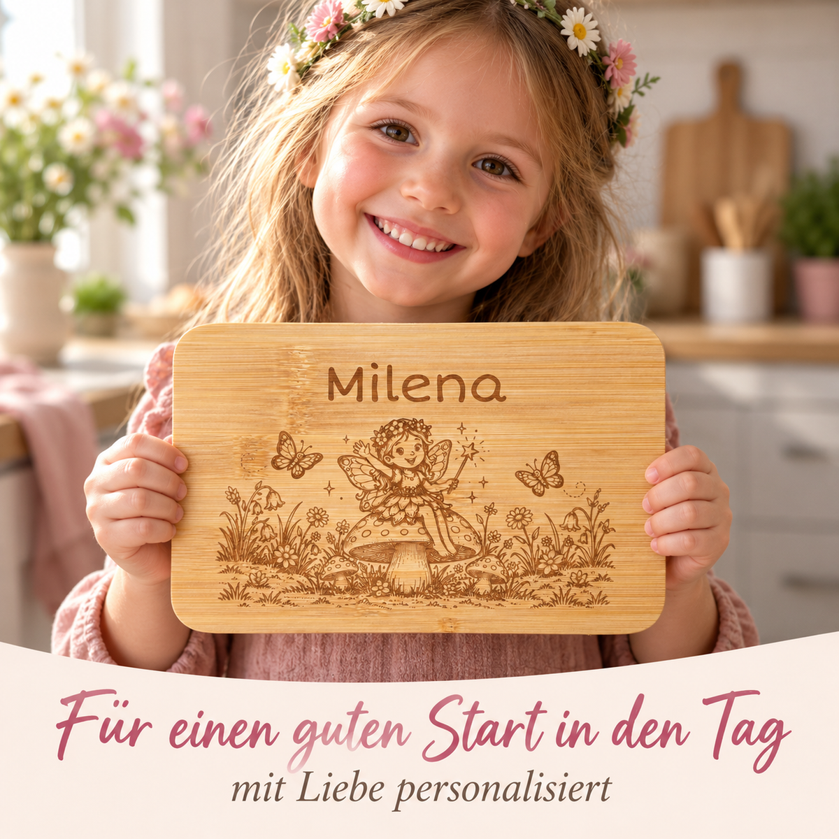 Kind hält das Bambus-Frühstücksbrettchen mit Elfen-Motiv und individueller Wunschgravur in den Händen.