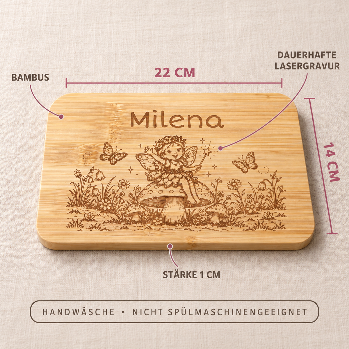 Frühstücksbrettchen Elfe aus Bambus, Maße 22 x 14 x 1 cm, Handwäsche, nicht spülmaschinengeeignet.