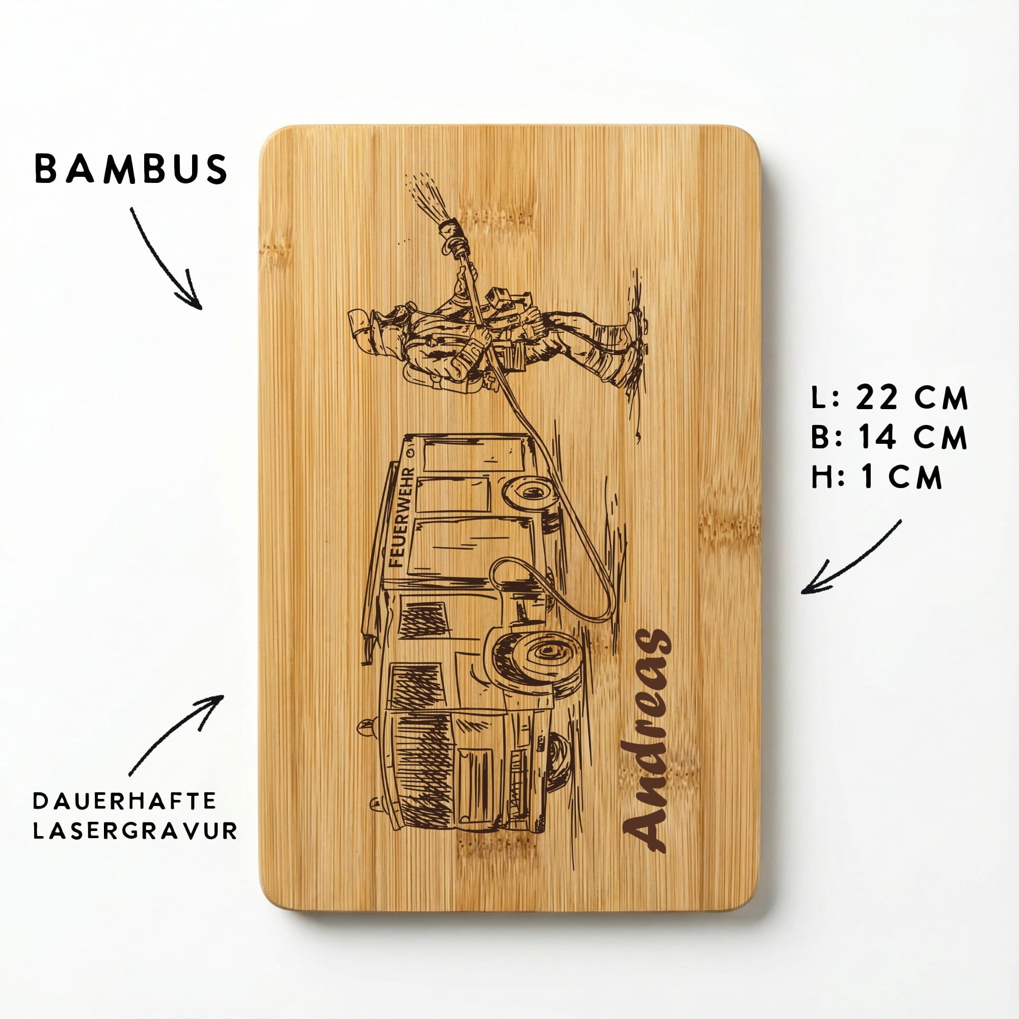 Frühstücksbrettchen Feuerwehr personalisiert mit Namensgravur aus Bambus, Maße 22 x 14 cm, langlebige Lasergravur.