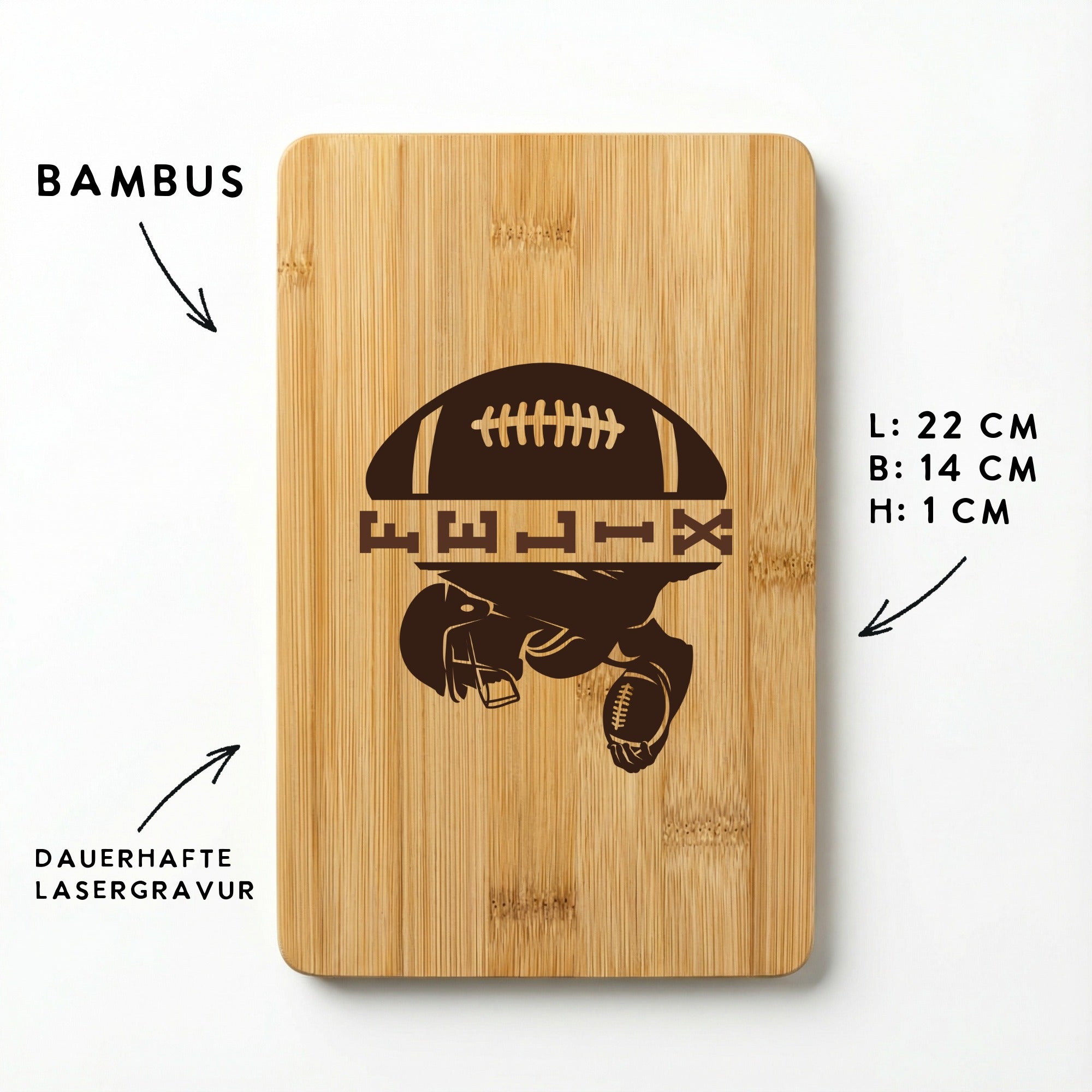 Bambus Holzbrett Rückseite mit Maßangaben 22x14 cm und Hinweis Lasergravur