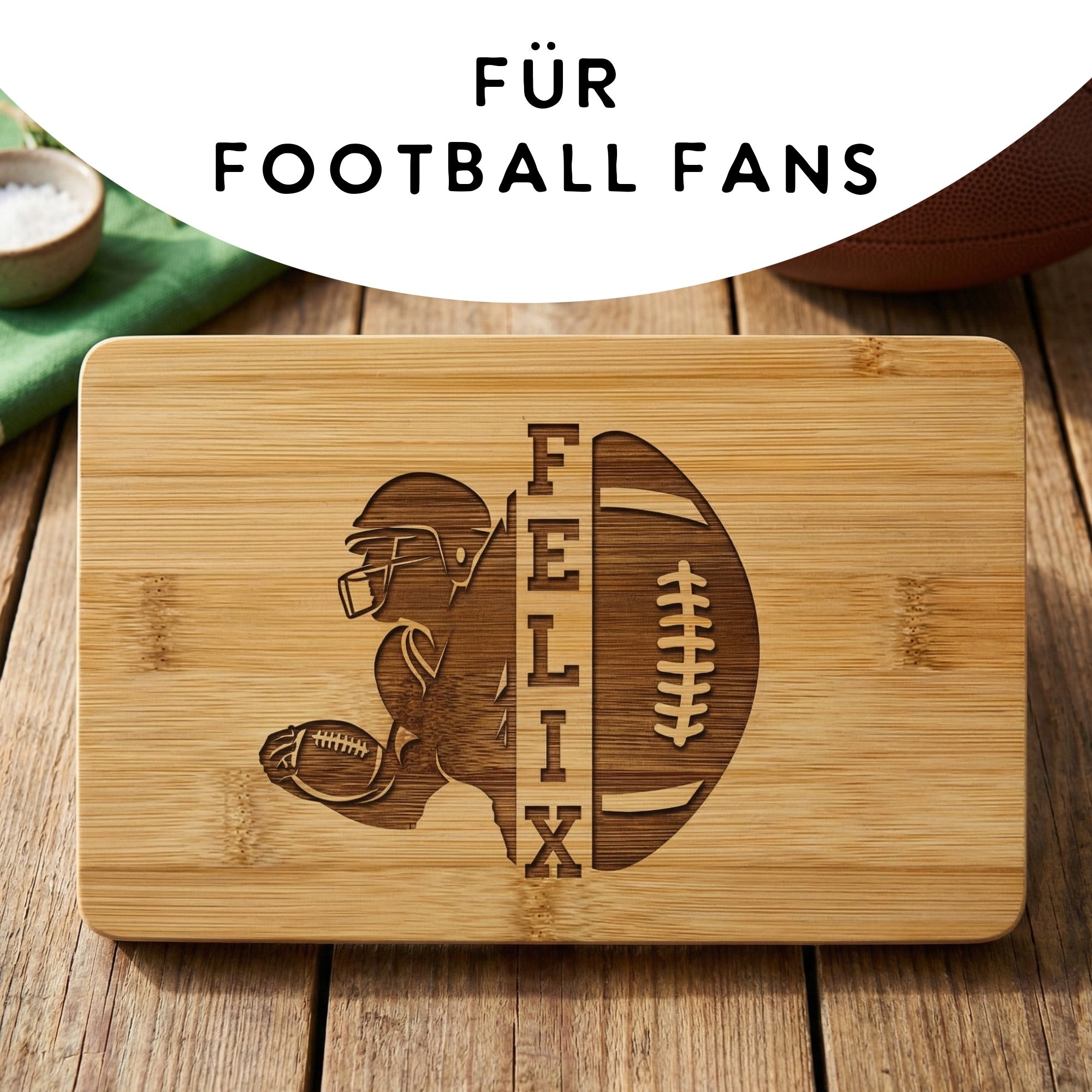 Personalisiertes Frühstücksbrettchen für Football Fans mit Spieler Motiv und Name