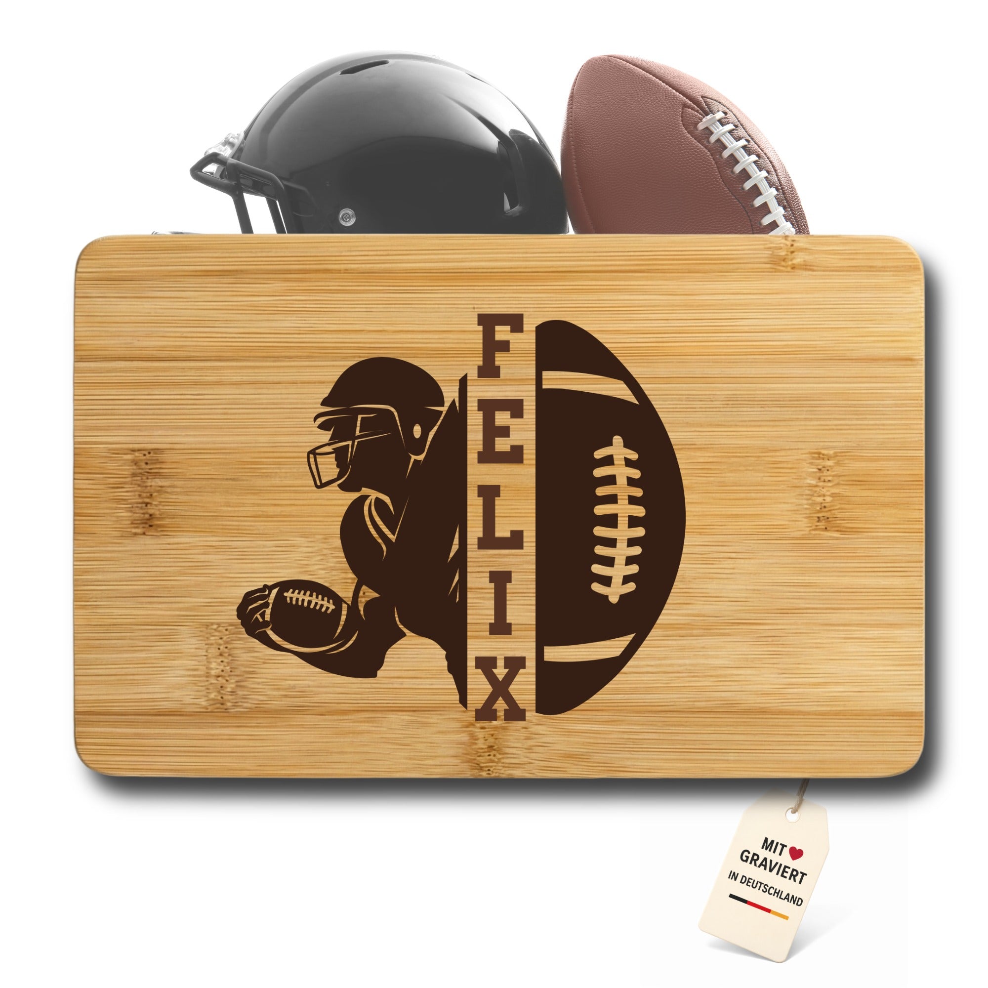 Graviertes Holzbrett mit Football Design und Made in Germany Anhänger