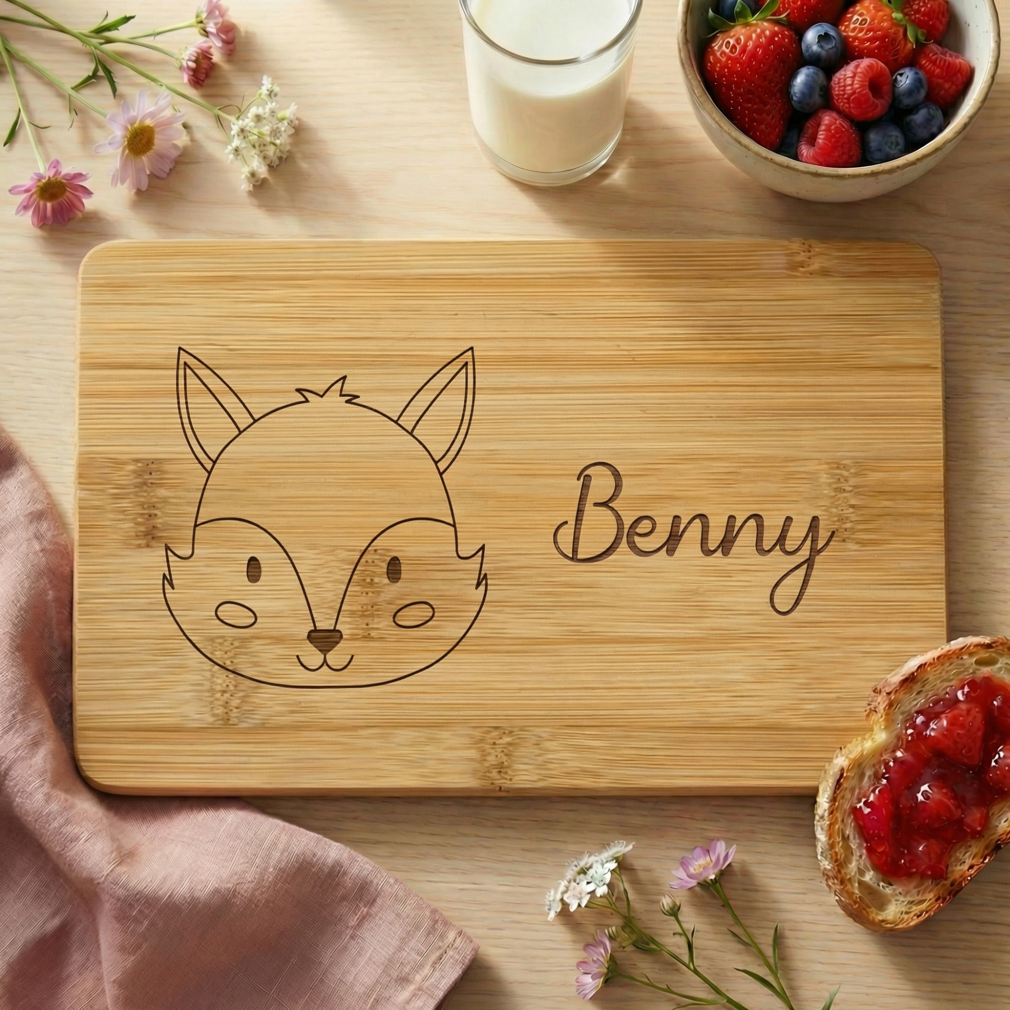 personalisiertes frühstücksbrettchen kinder fuchs mit name bambus