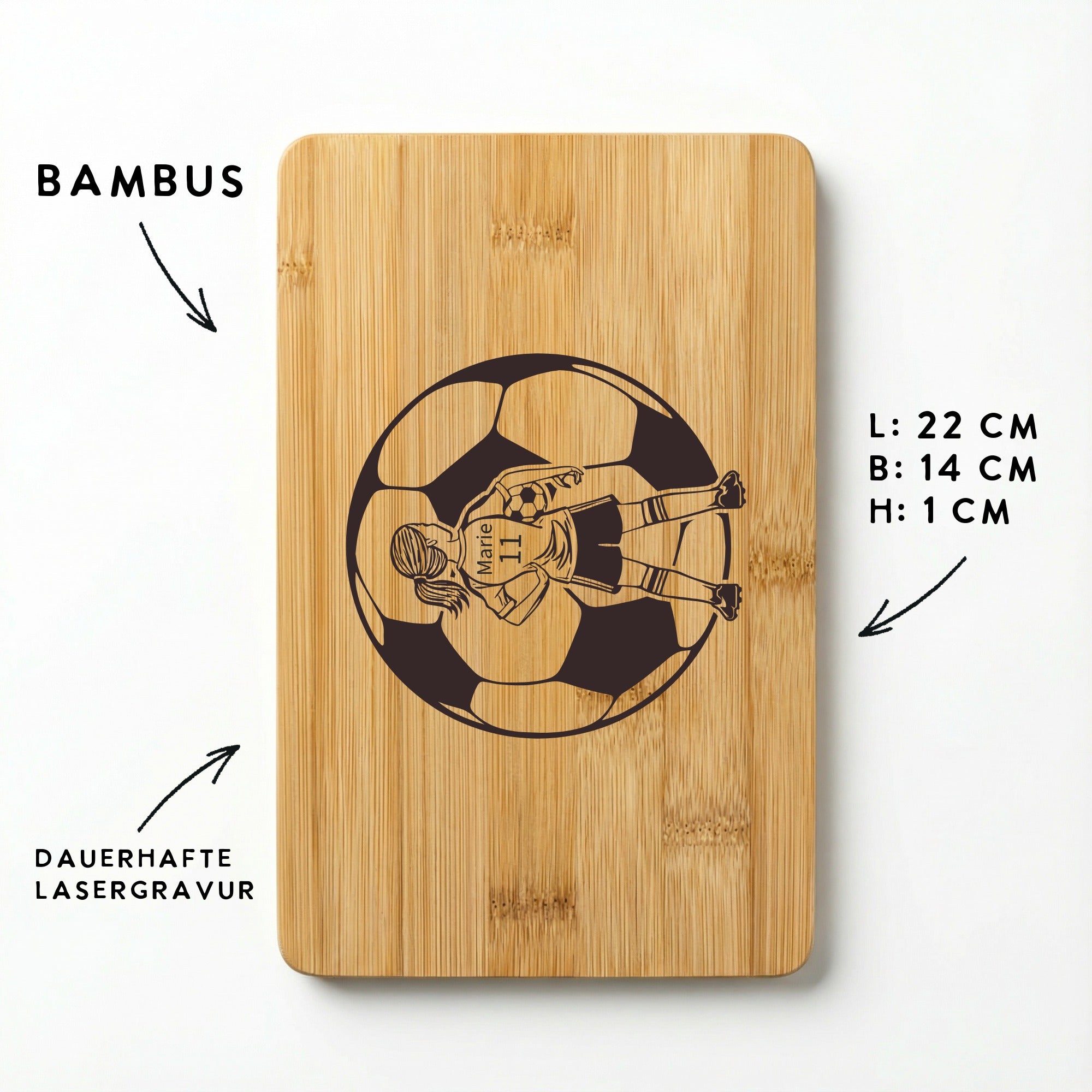 Bambus Frühstücksbrettchen mit Fußballer Gravur, Maßangaben und Hinweis Lasergravur