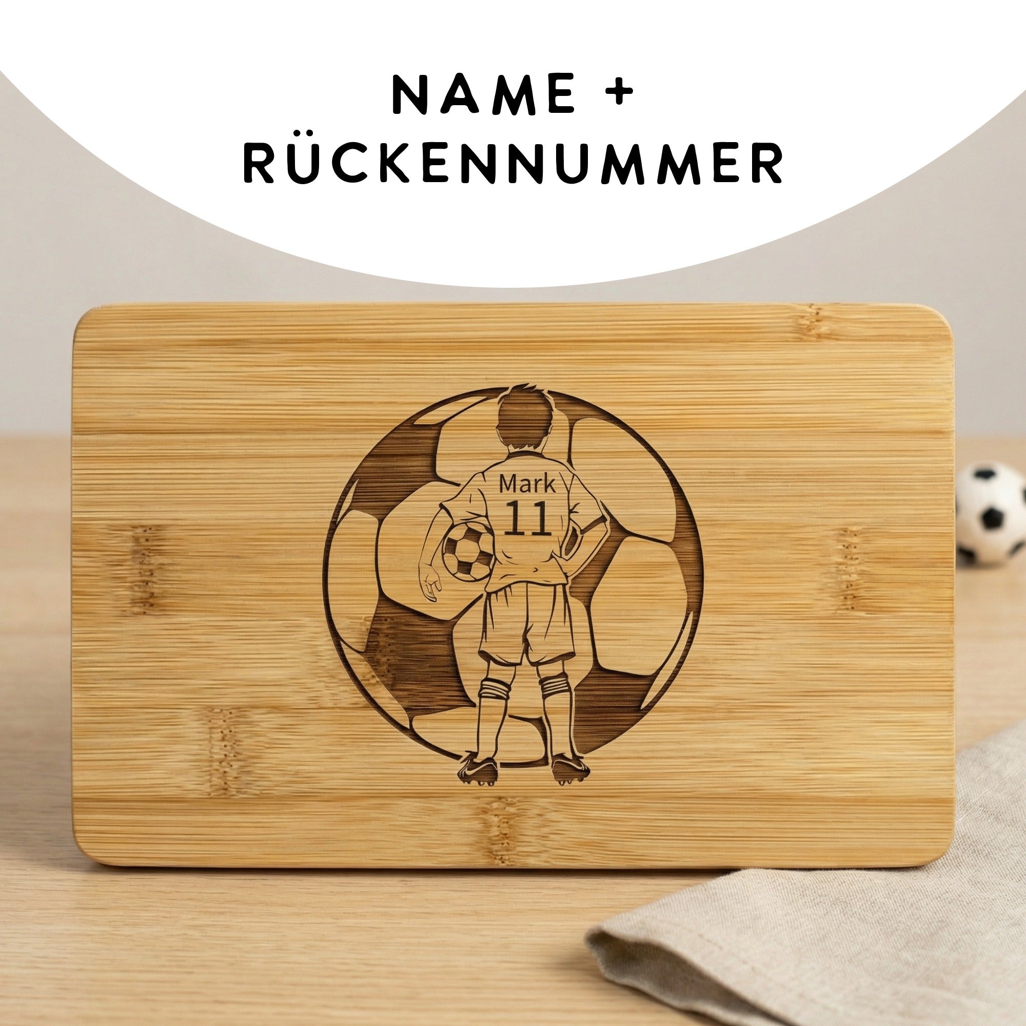 Frühstücksbrettchen mit Fußballer Design und Text Name plus Rückennummer personalisierbar