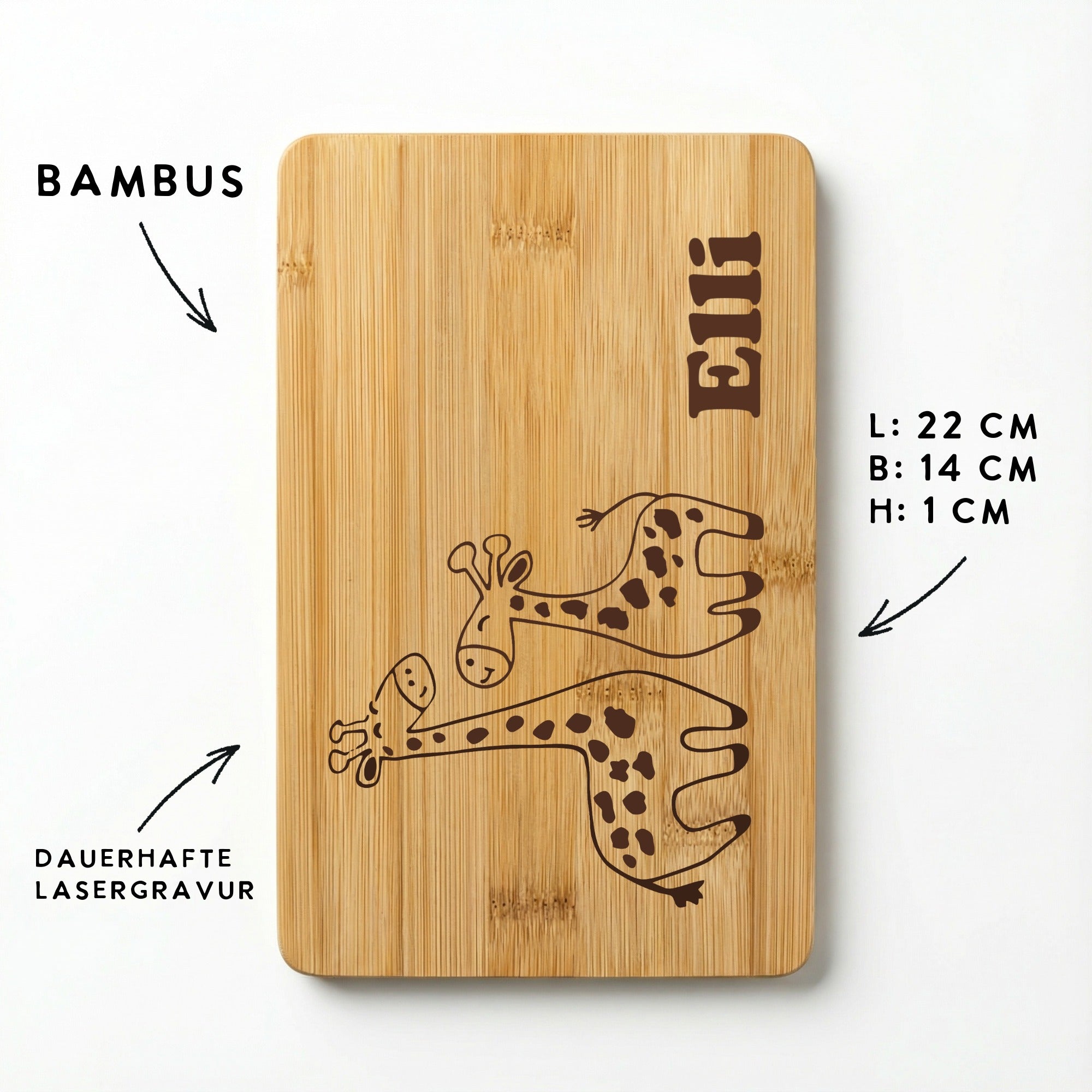 Graviertes Bambus Kinderbrettchen mit Giraffen, Maße 22x14 cm, personalisiert mit Name