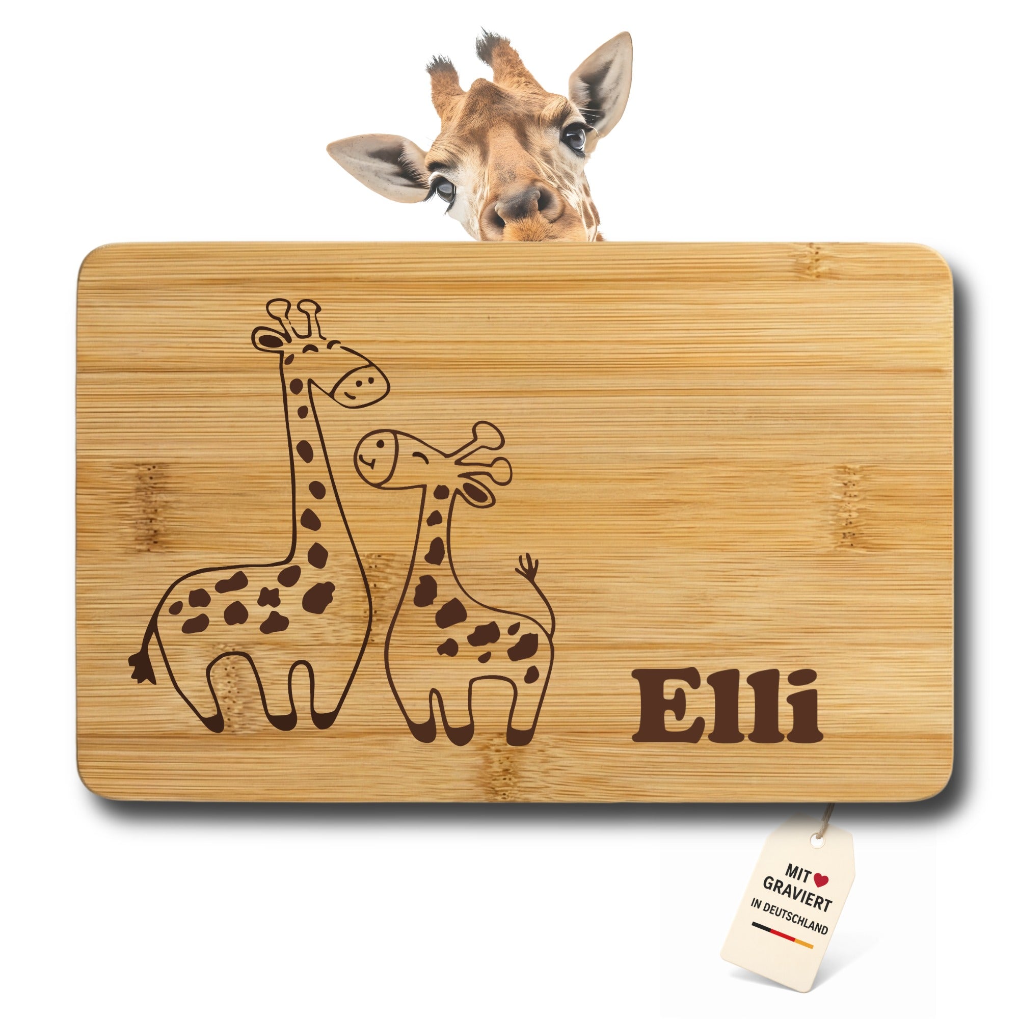 Personalisiertes Bambus Brettchen mit Giraffen Gravur und Name, hergestellt und graviert in Deutschland