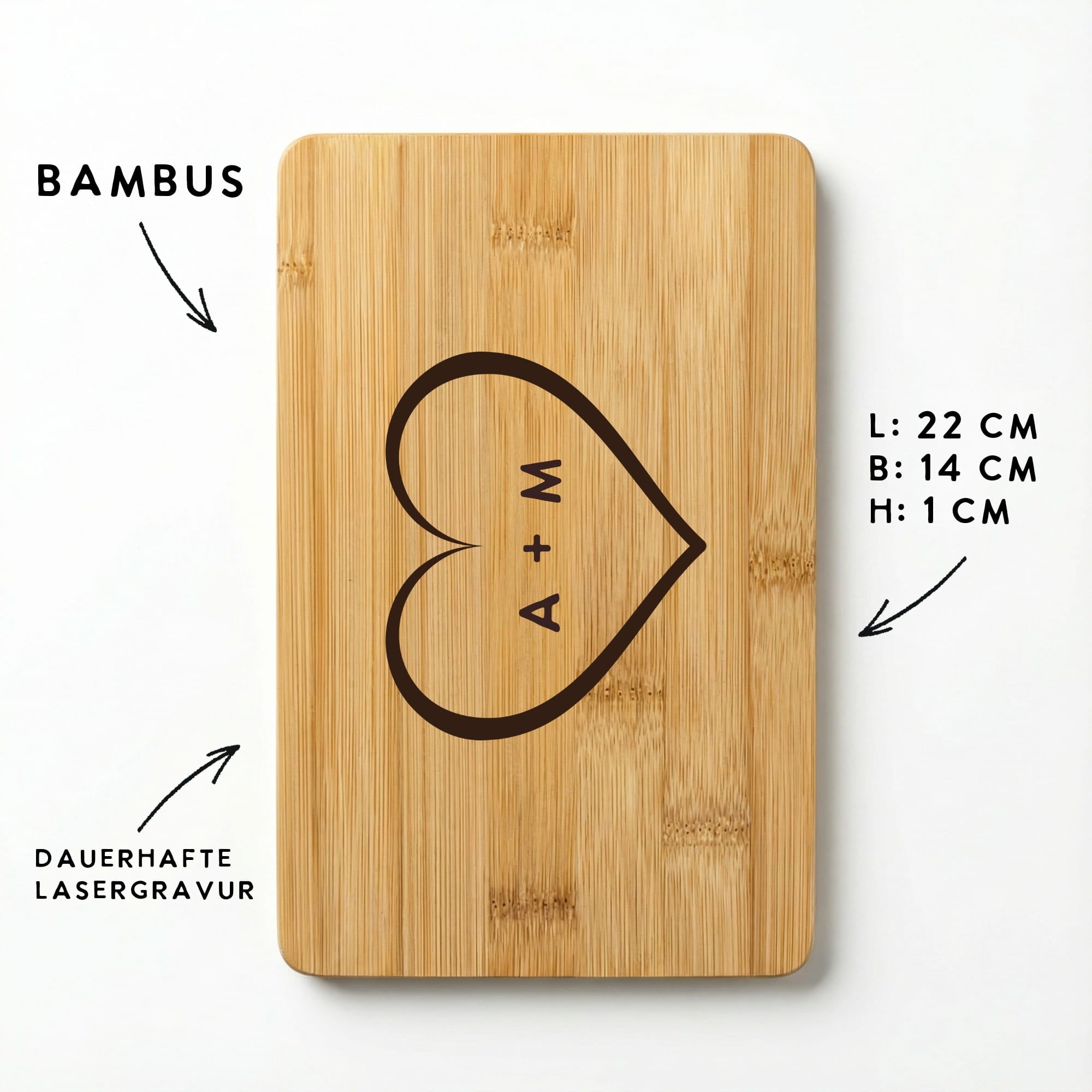 Bambus Frühstücksbrettchen mit Herz Motiv, Maßangaben und Hinweis auf Lasergravur