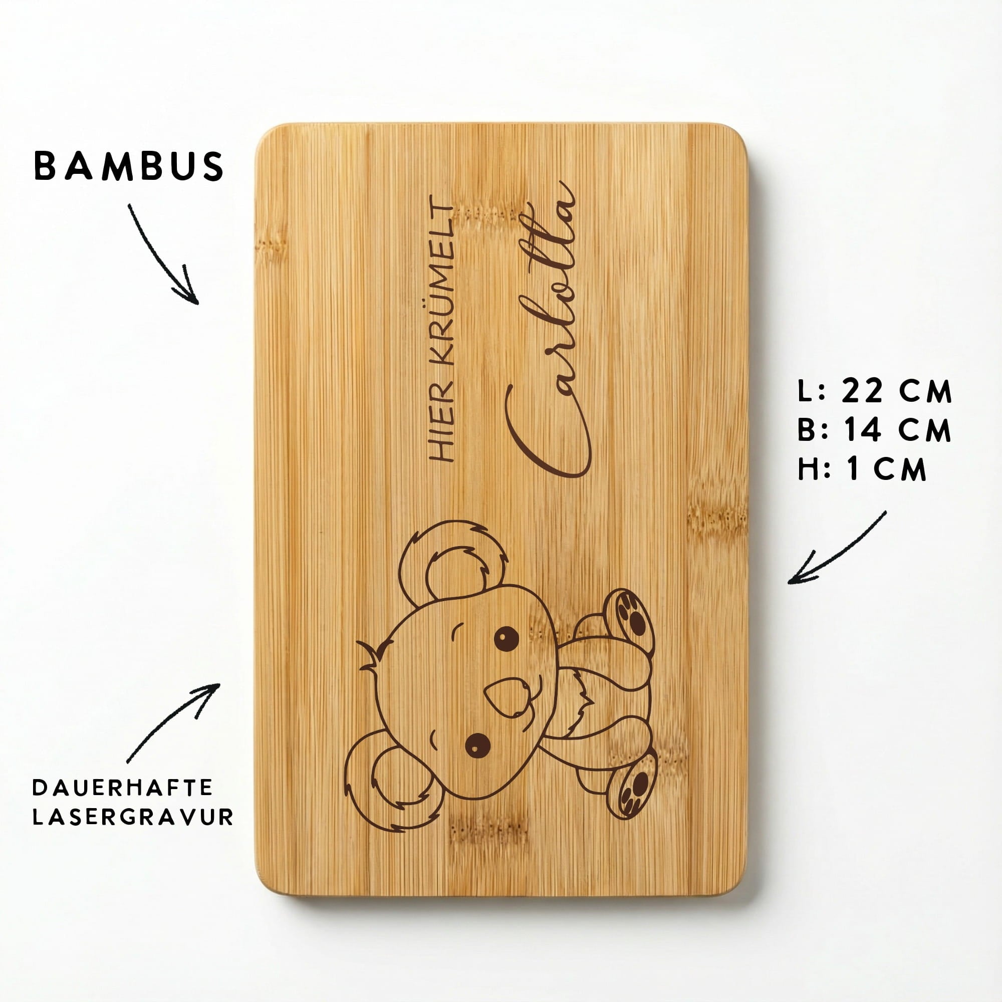 Bambus Frühstücksbrett personalisiert mit Koala und Name – 22x14 cm Holzbrett mit dauerhafter Lasergravur