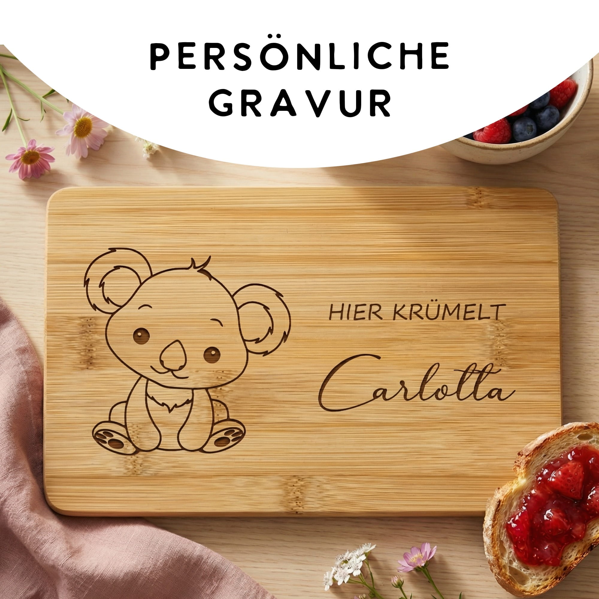Frühstücksbrett für Kinder mit Koala Motiv und individueller Namensgravur – Geschenkidee zur Einschulung