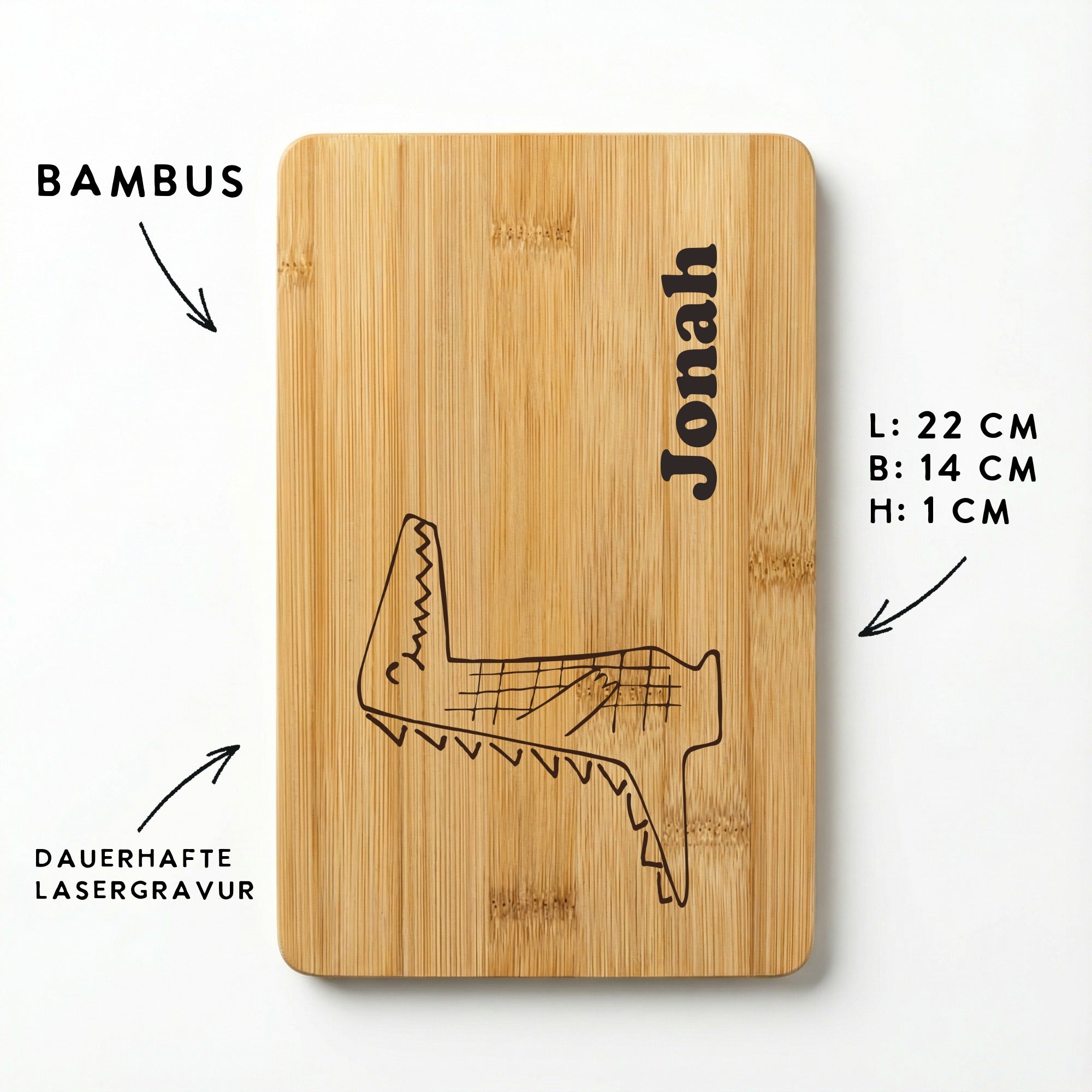 Graviertes Bambus Kinderbrettchen mit Krokodil, Maße 22x14 cm, personalisiert mit Namen