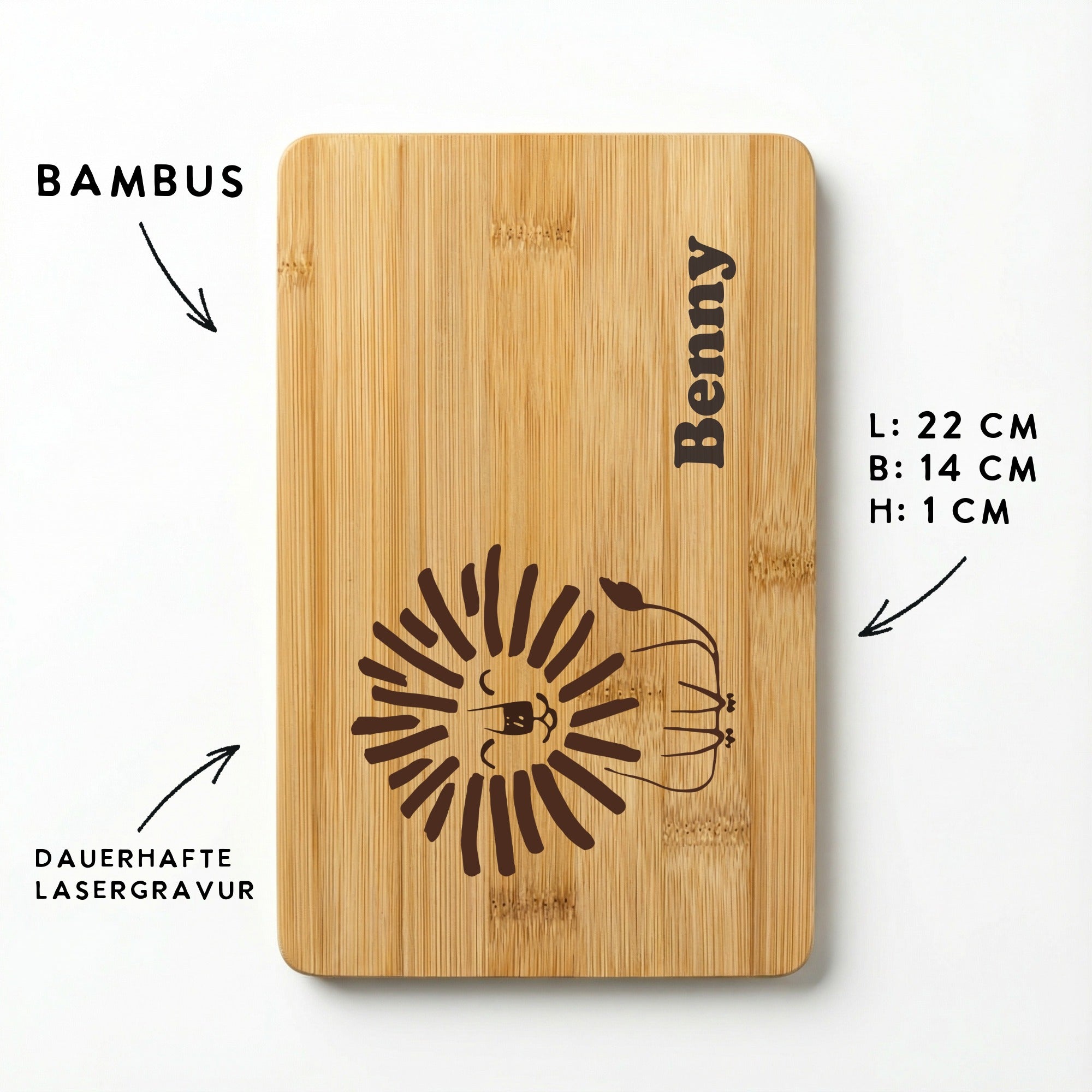 Bambus Frühstücksbrett graviert mit Löwe und Maßangaben 22x14 cm